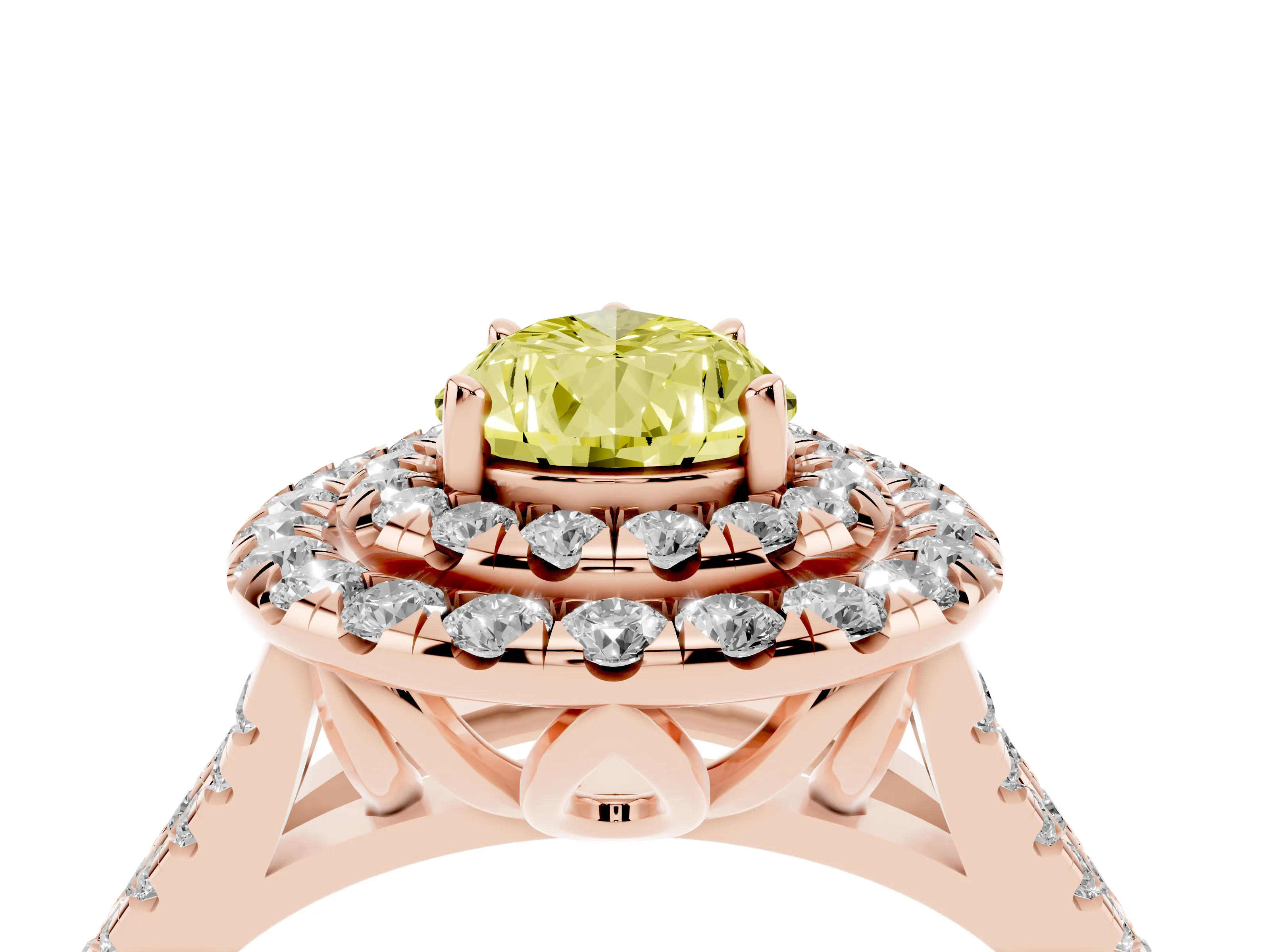 Fancy Yellow Pear Cut Diamond Double Halo Ring Set in Rose gold with Pavé Split Shank and Prong Setting