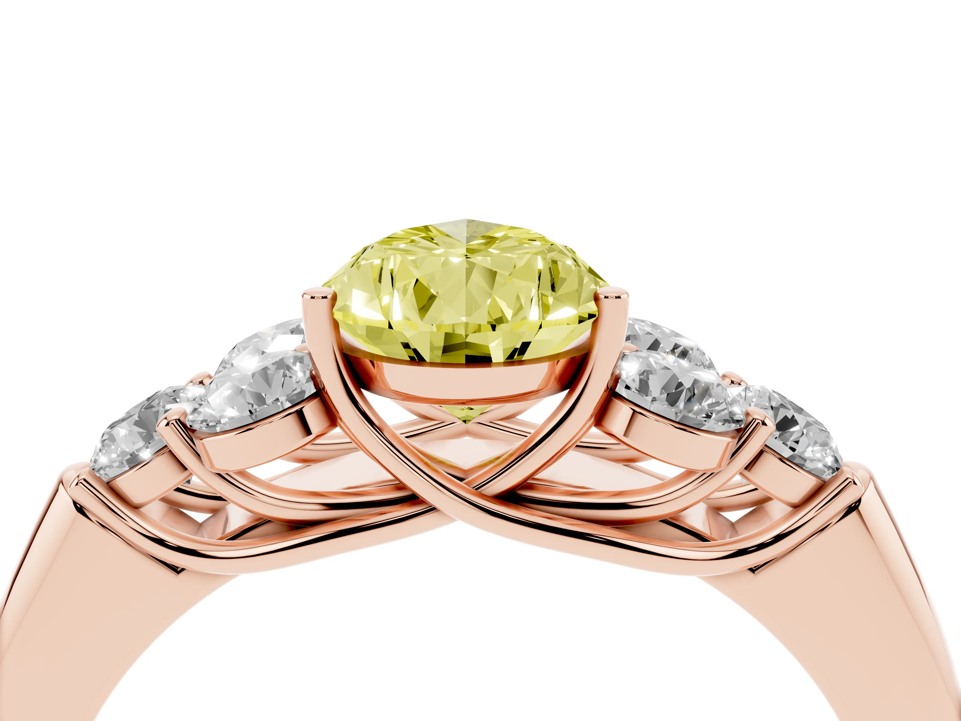 Fancy Yellow Pear Cut Diamond Cluster Ring Set in Rose gold with Round Accent Stones and Prong Setting on a Plain Band