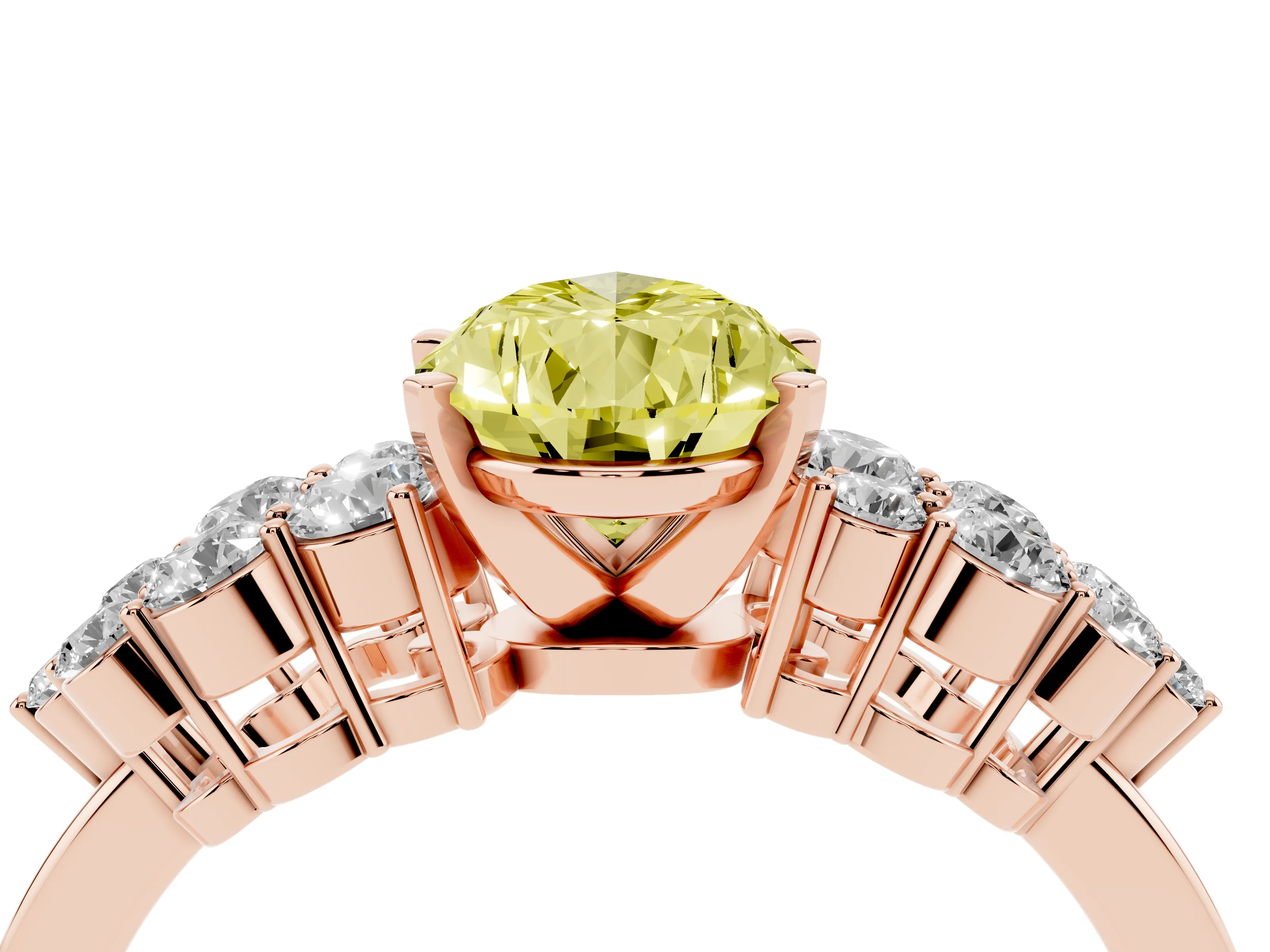 Fancy Yellow Pear Cut Diamond Cluster Engagement Ring Set in Rose gold with Pavé Band and Prong Setting