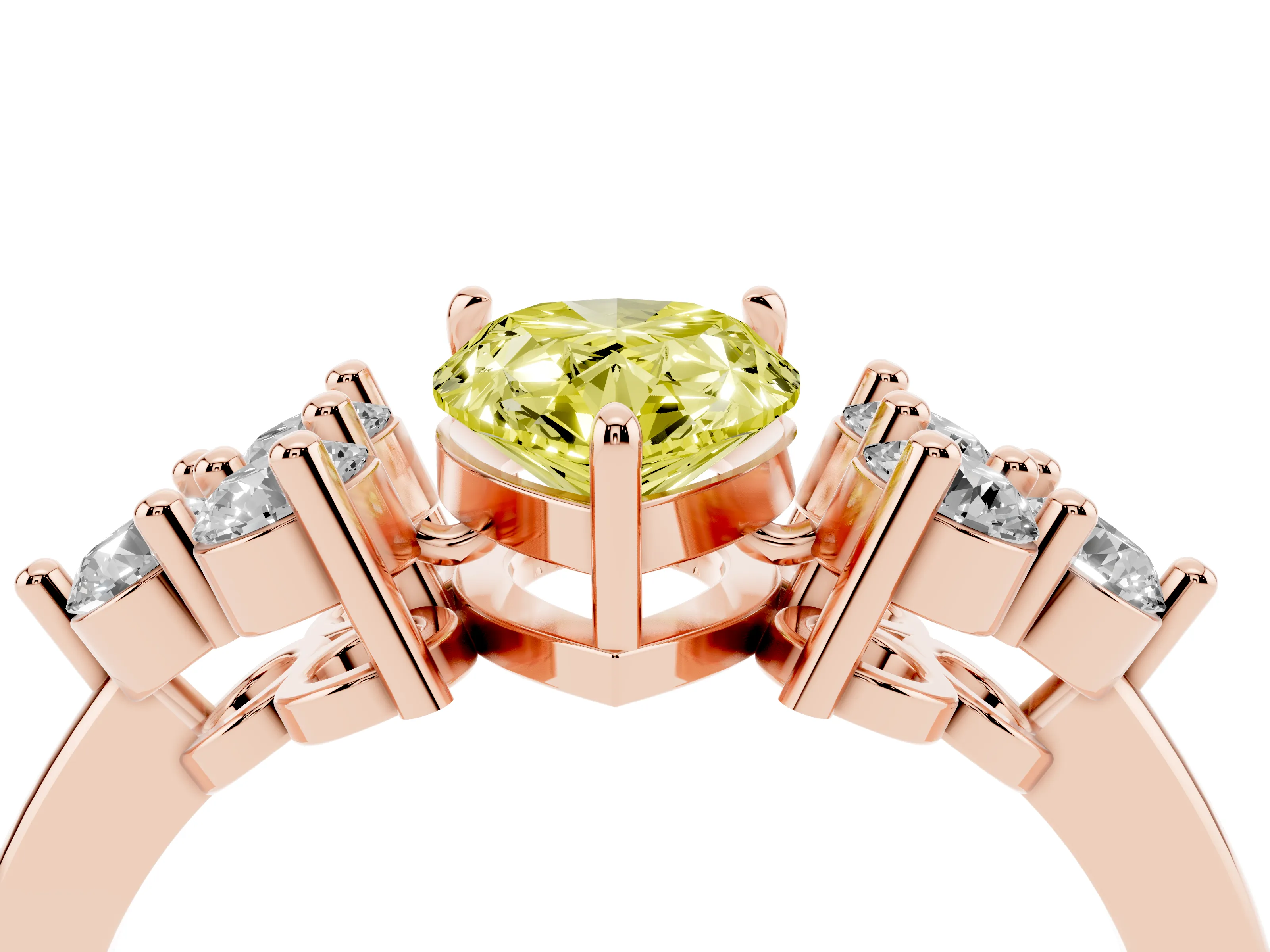 Fancy Yellow Pear Cut Diamond Solitaire Ring Set in Rose gold with Cluster Accents on Each Side