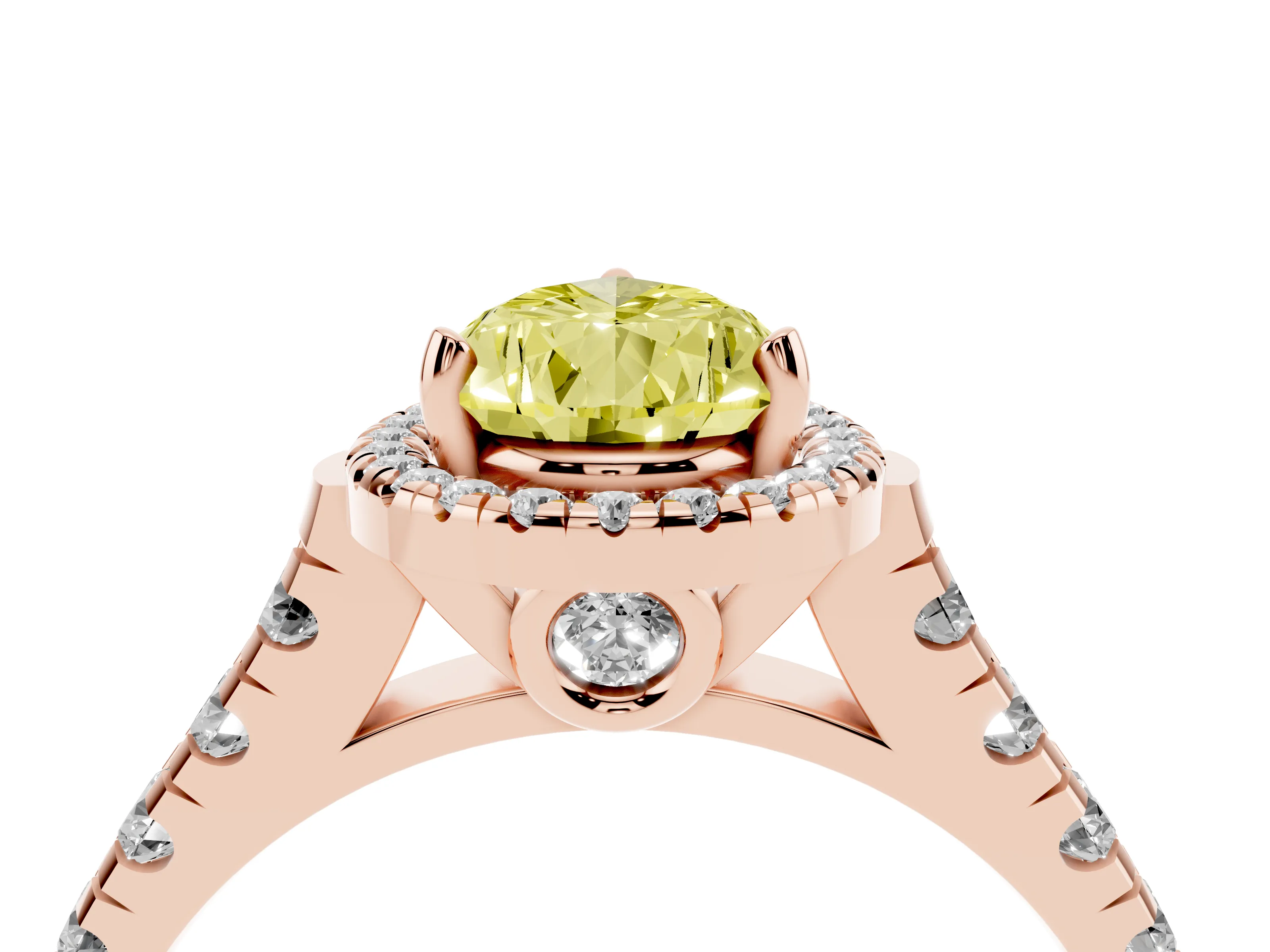 Fancy Yellow Pear Cut Diamond Halo Engagement Ring Set in Rose gold with Pavé Band and Prong-Set Center