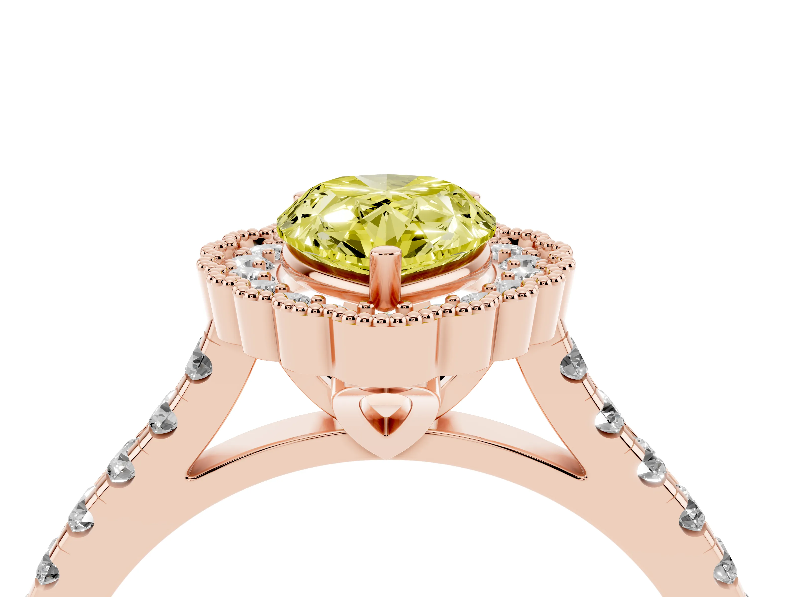 Fancy Yellow Pear Cut Diamond Milgrain Floral Halo Engagement Ring Set in Rose gold with Pavé Band