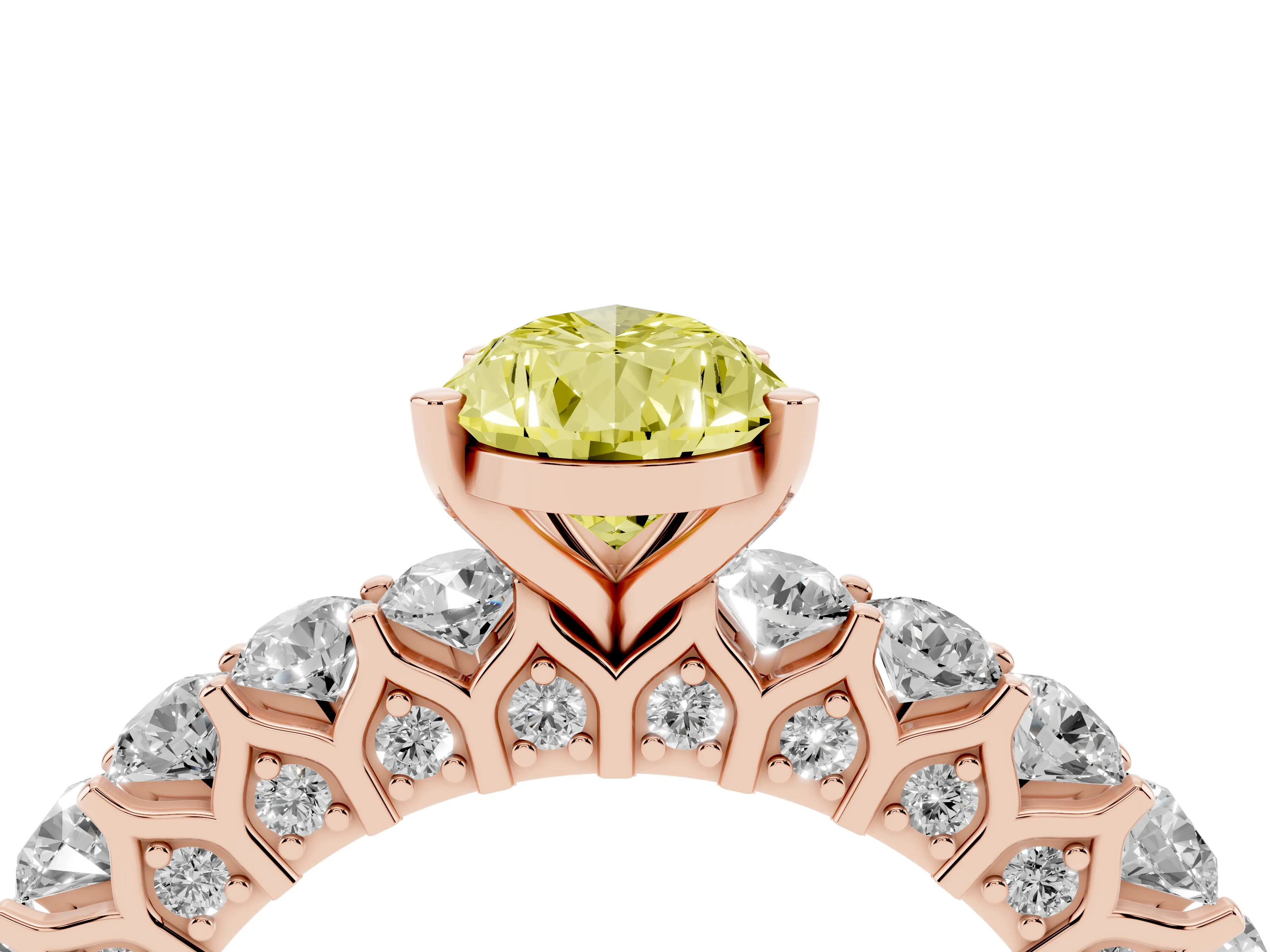 Fancy Yellow Pear Cut Diamond Solitaire Ring Set in Rose gold with Shared Prong Pavé Band