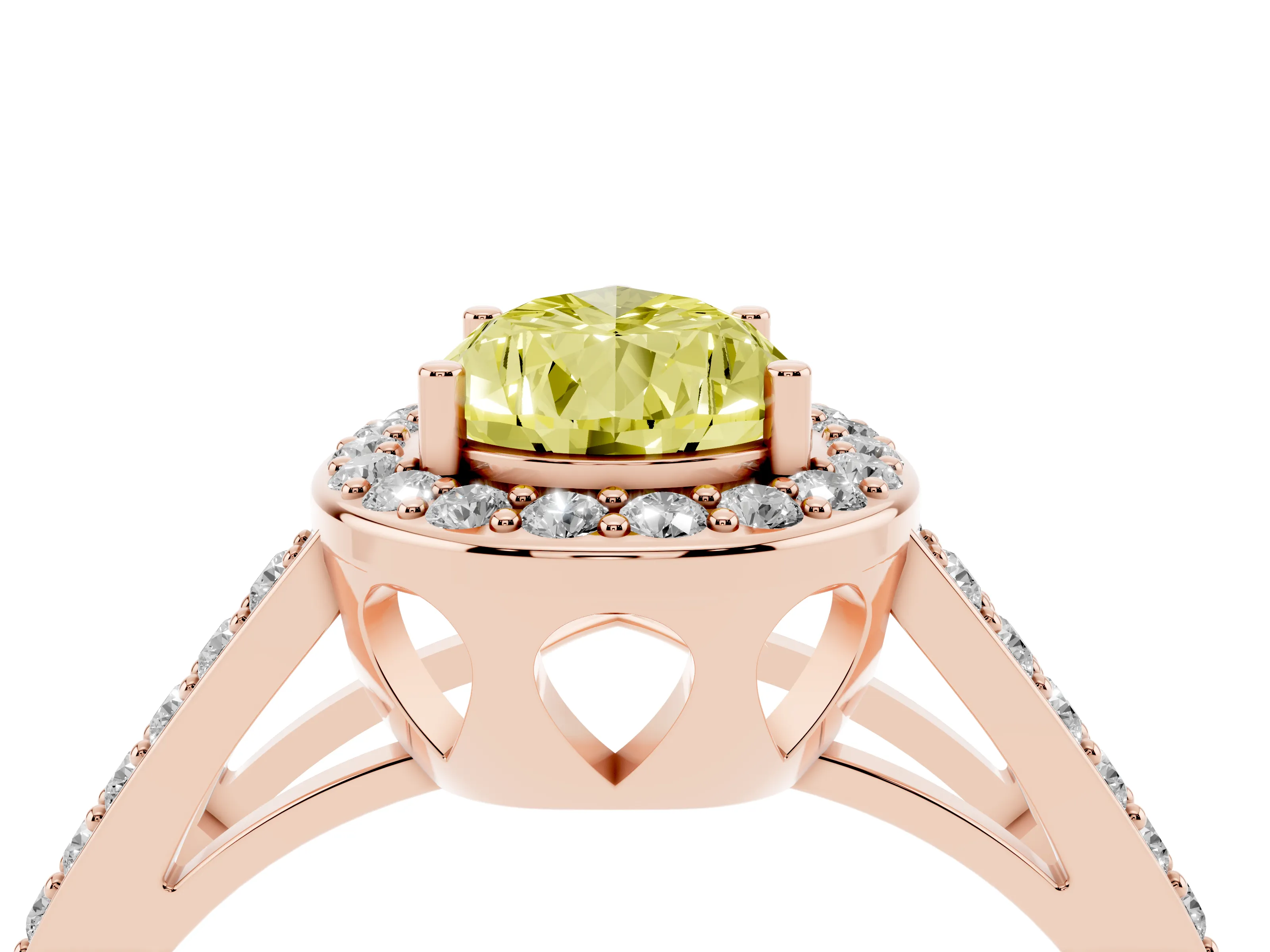 Fancy Yellow Pear Cut Diamond Halo Ring Set in Rose gold with U-Prong Split Shank and Prong Setting