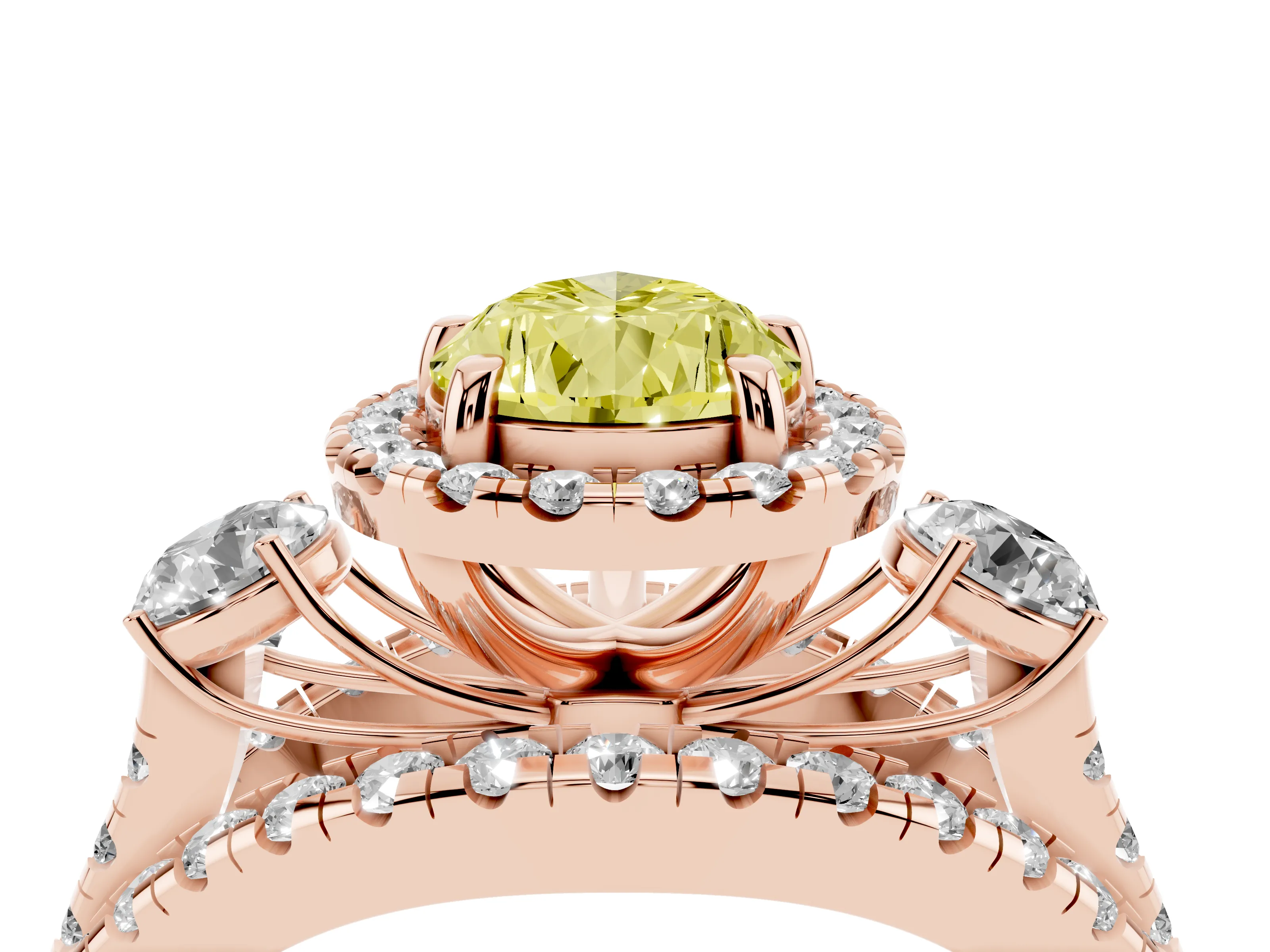 Fancy Yellow Pear Cut Diamond Halo Split Shank Ring Set in Rose gold with Round Accent Stones and Prong Setting