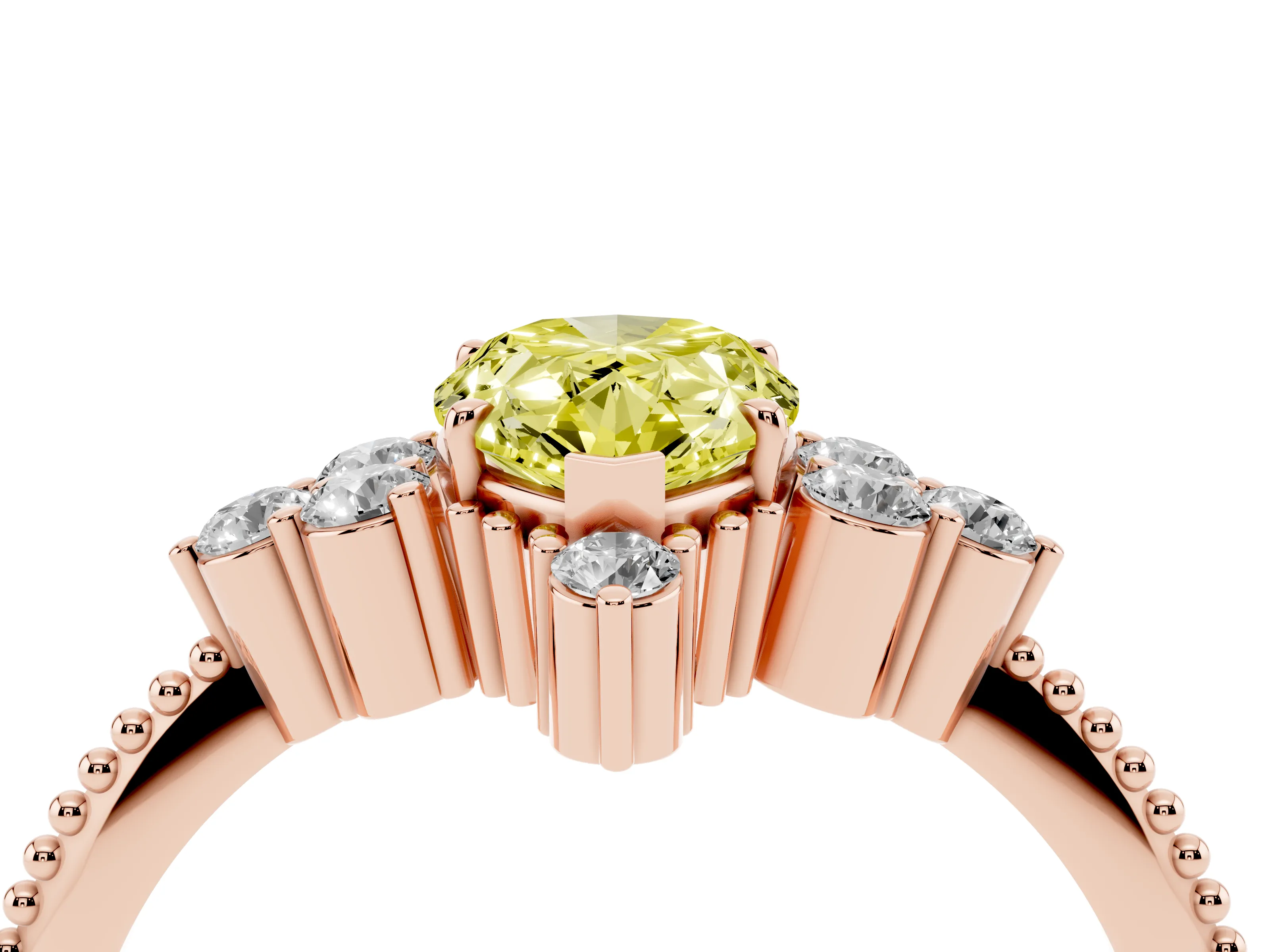 Fancy Yellow Pear Cut Diamond Cluster Ring Set in Rose gold with Beaded Band