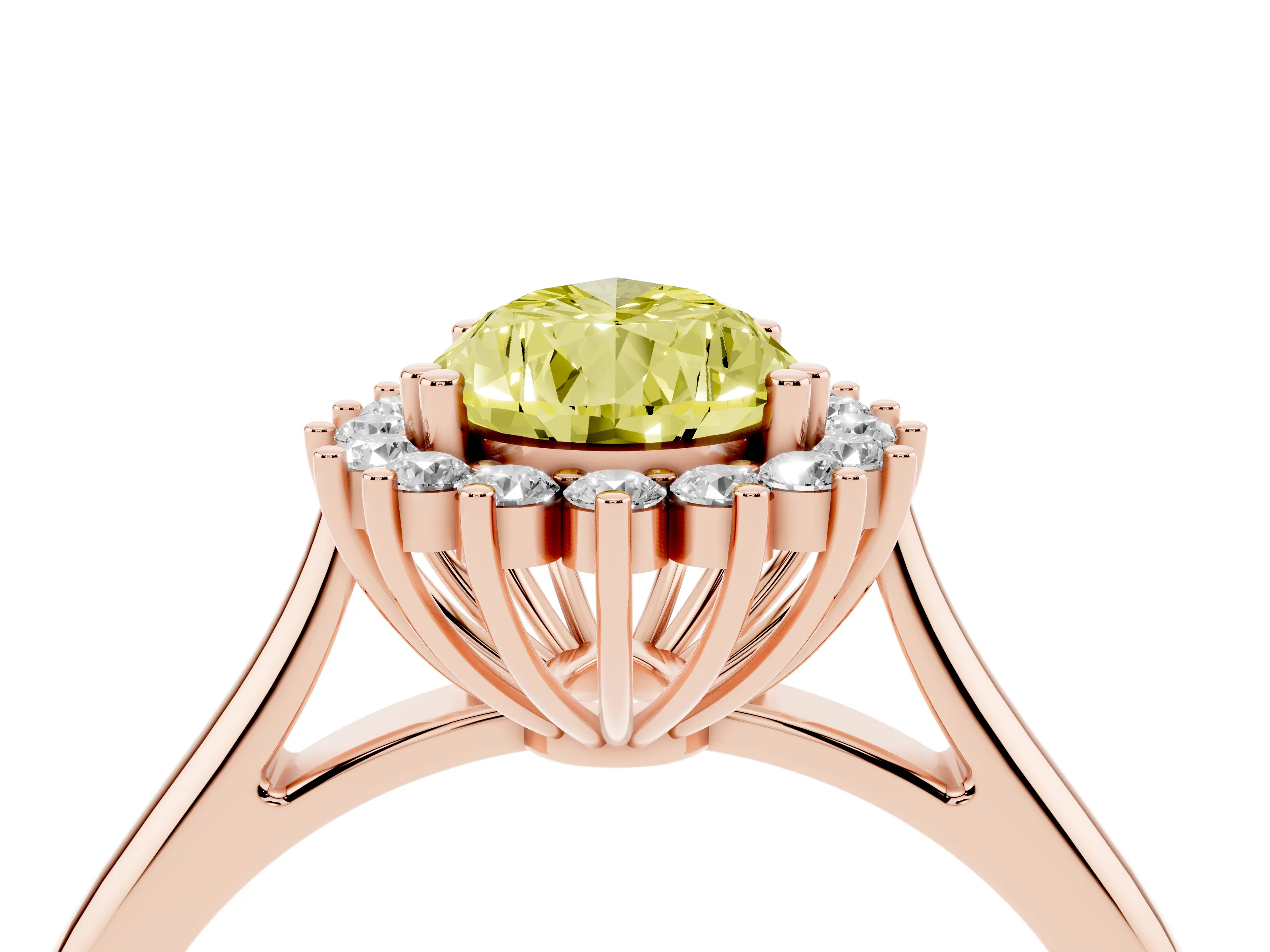 Fancy Yellow Pear Cut Diamond Halo Ring Set in Rose gold with Plain Solitaire Band and Prong Setting