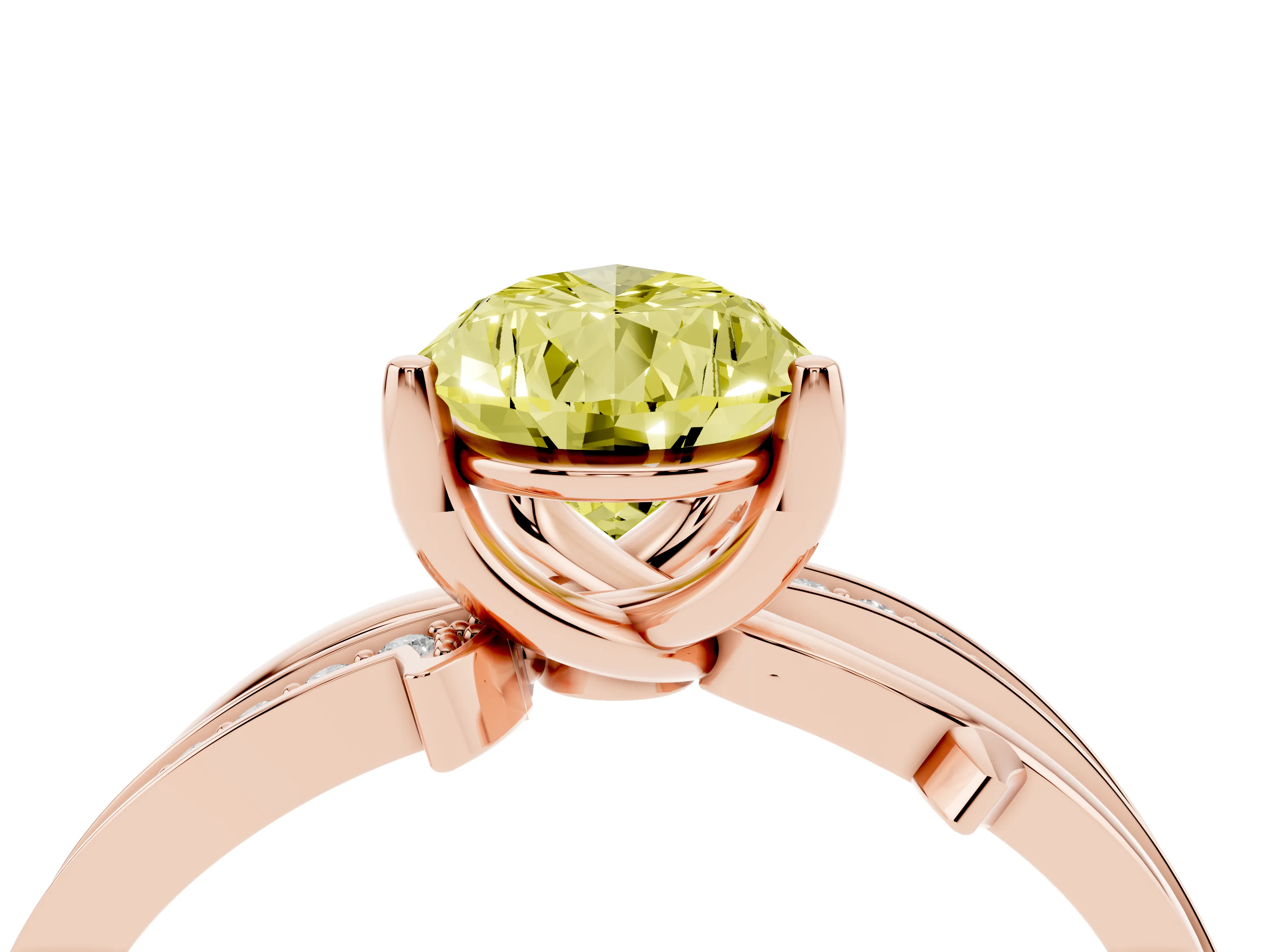 Fancy Yellow Pear Cut Diamond Pavé Twist Band Solitaire Ring Set in Rose gold with Prong Setting
