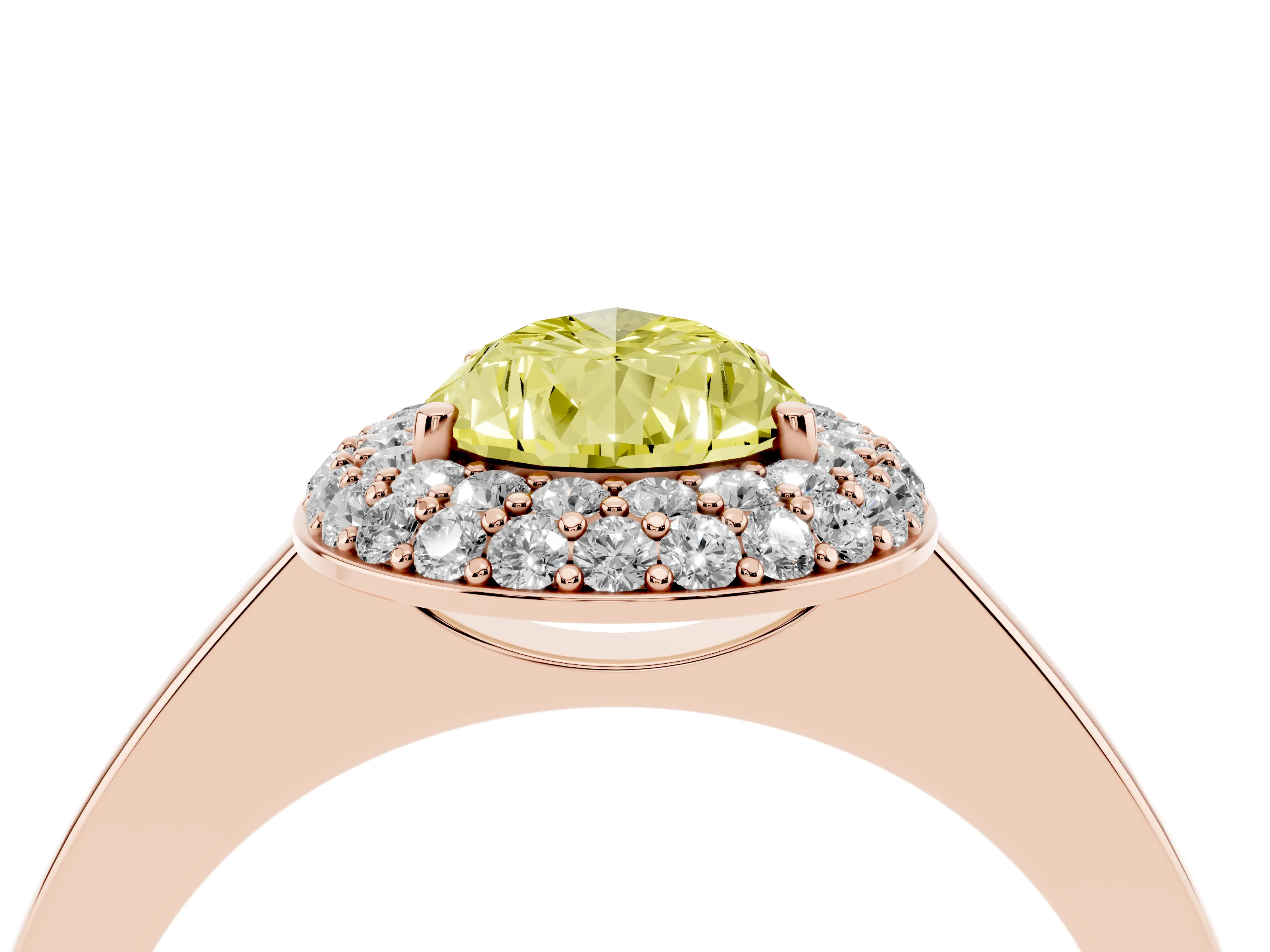 Fancy Yellow Pear Cut Diamond Halo Engagement Ring Set in Rose gold with Solitaire Band and Prong Setting
