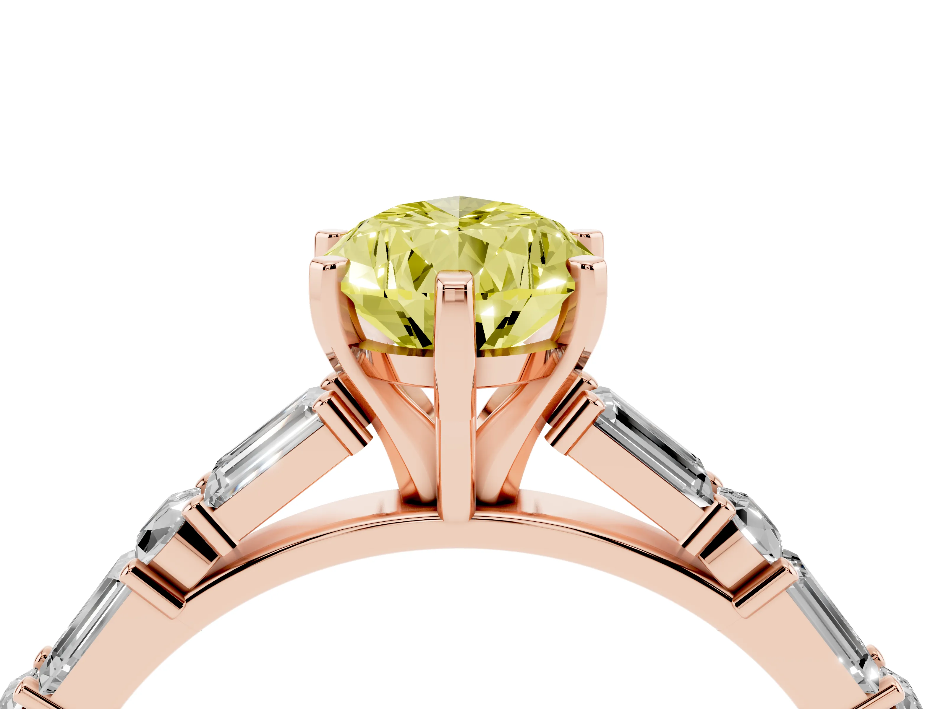 Fancy Yellow Pear Cut Diamond Solitaire Set in Rose gold with Side Baguettes and Channel Set Band