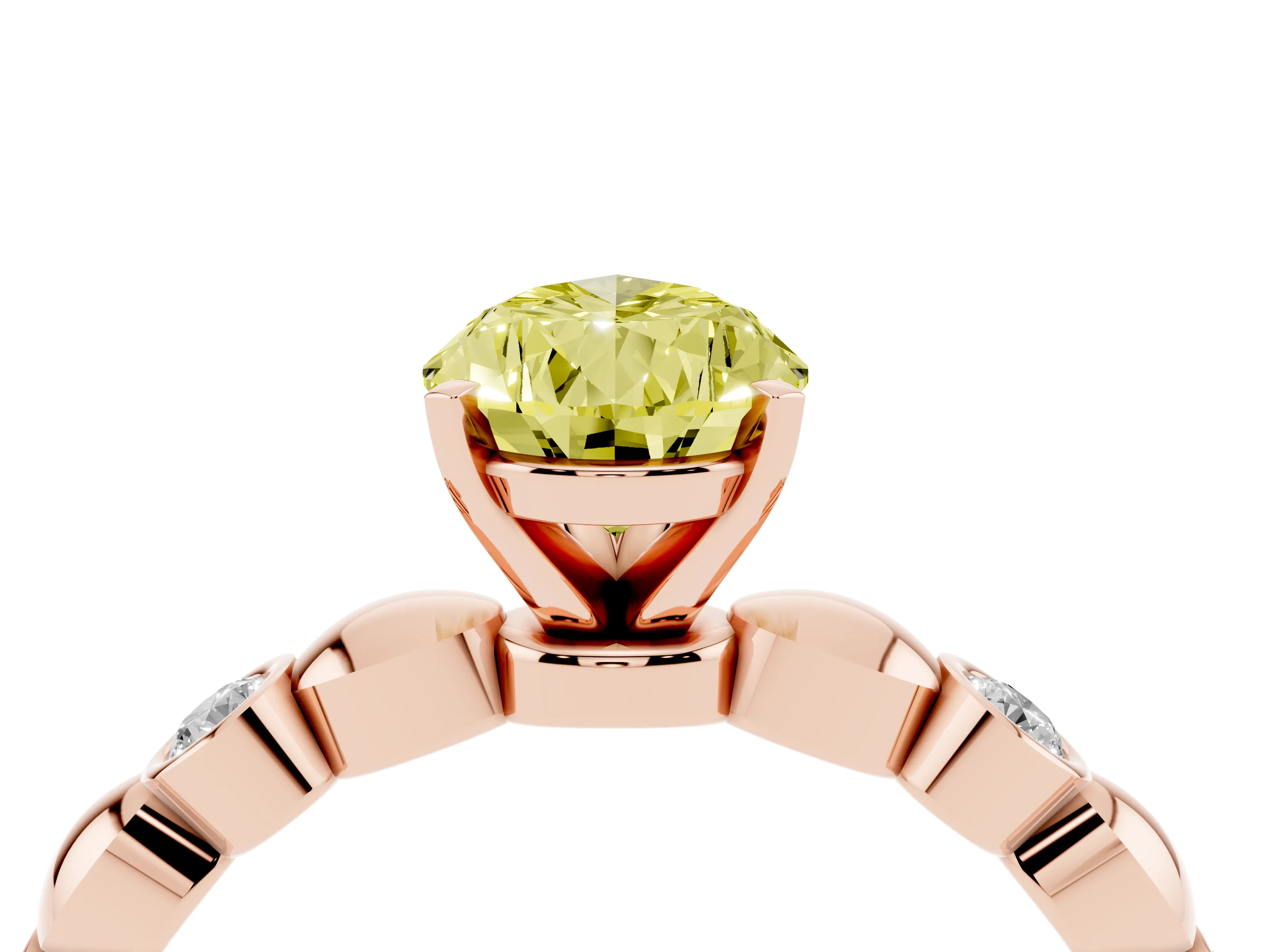 Fancy Yellow Pear Cut Diamond Solitaire Ring Set in Rose gold with Bezel-Set Accents on Beaded Band and Prong Setting
