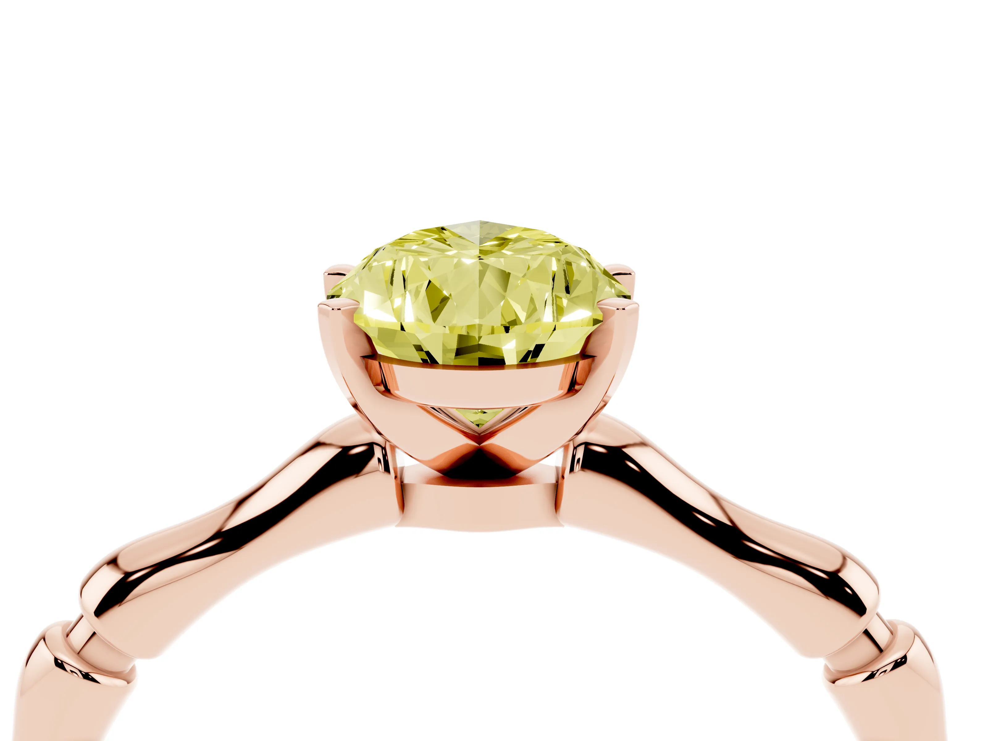 Fancy Yellow Pear Cut Diamond Solitaire Ring Set in Rose gold with Bamboo Band and Prong Setting