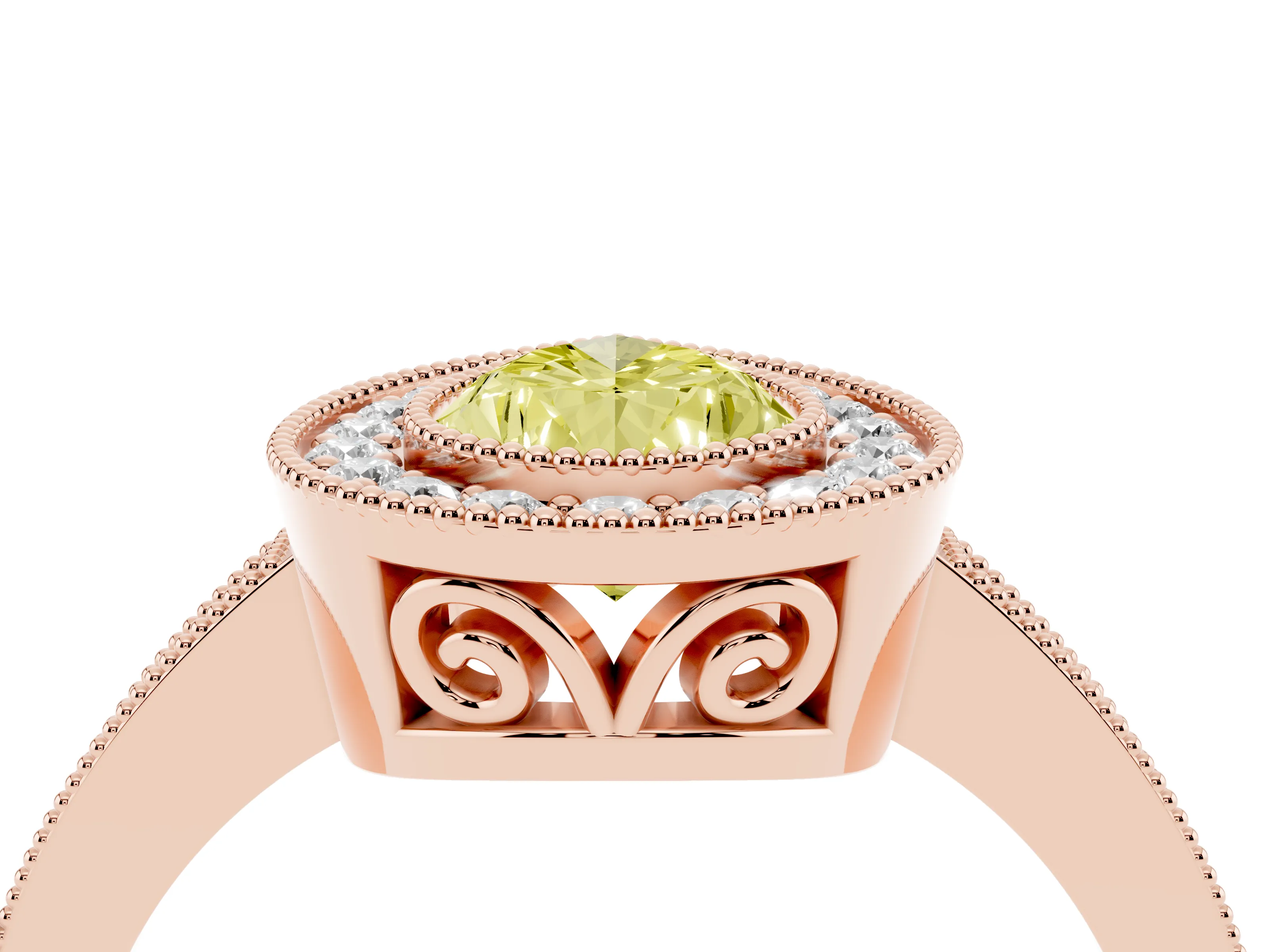 Fancy Yellow Pear Cut Diamond Halo Ring Set in Rose gold with Pavé Band and Milgrain-Edged Prongs