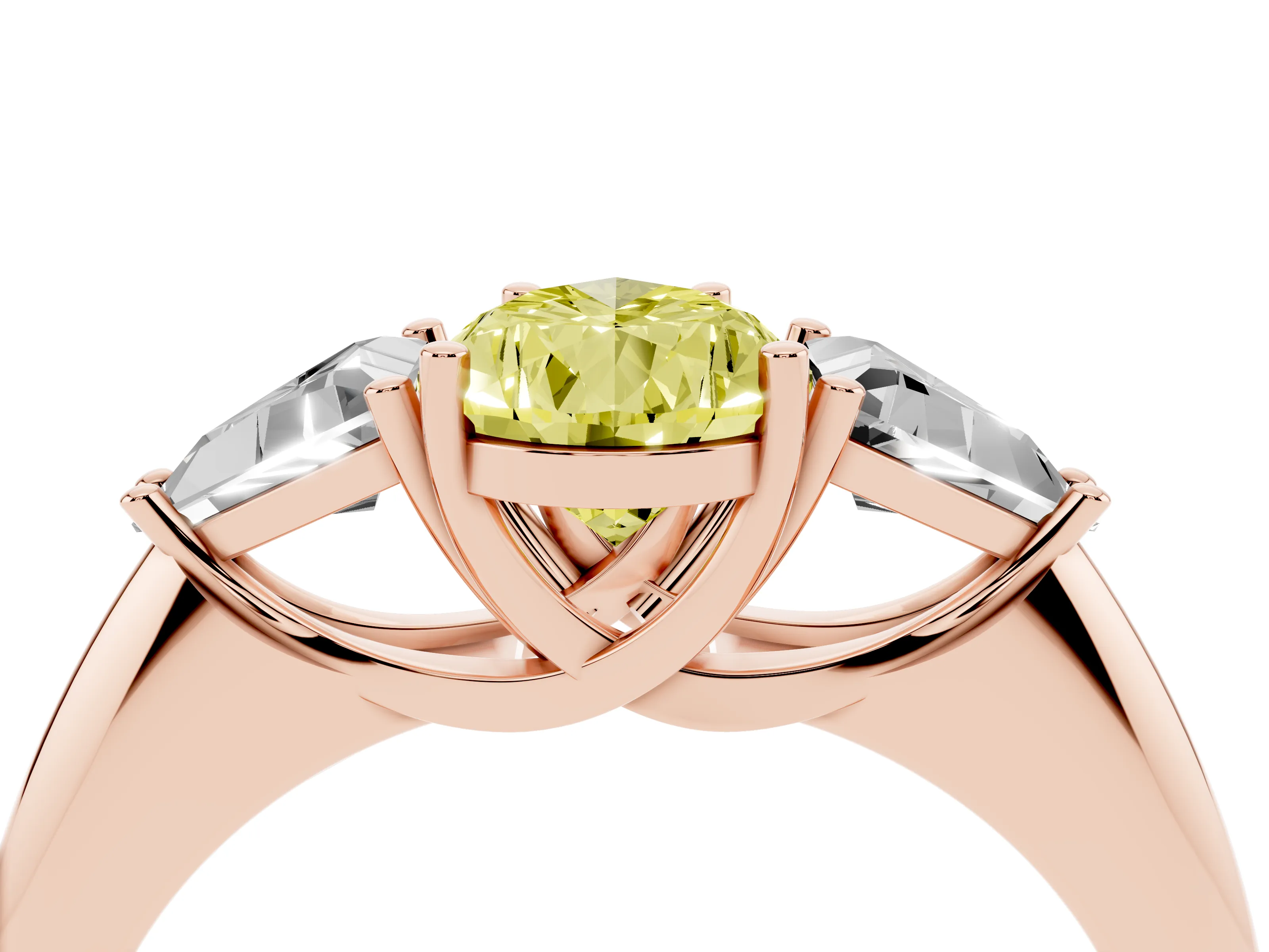 Fancy Yellow Pear Cut Diamond Three-Stone Engagement Ring Set in Rose gold with Trillion Side Stones