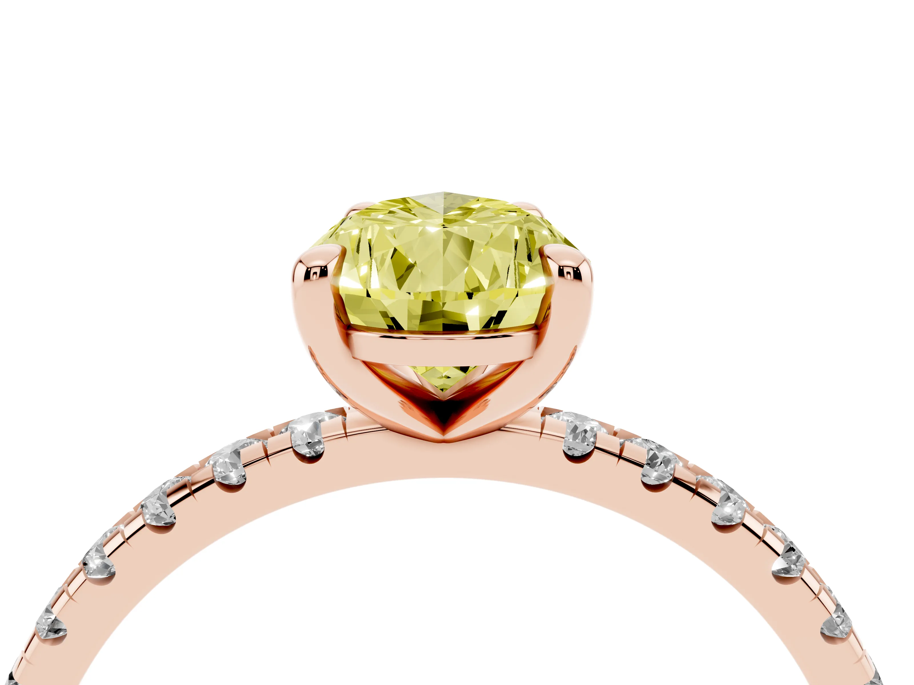 Fancy Yellow Pear Cut Diamond Brilliant Solitaire Ring Set in Rose gold with Pavé Band and Prong Setting