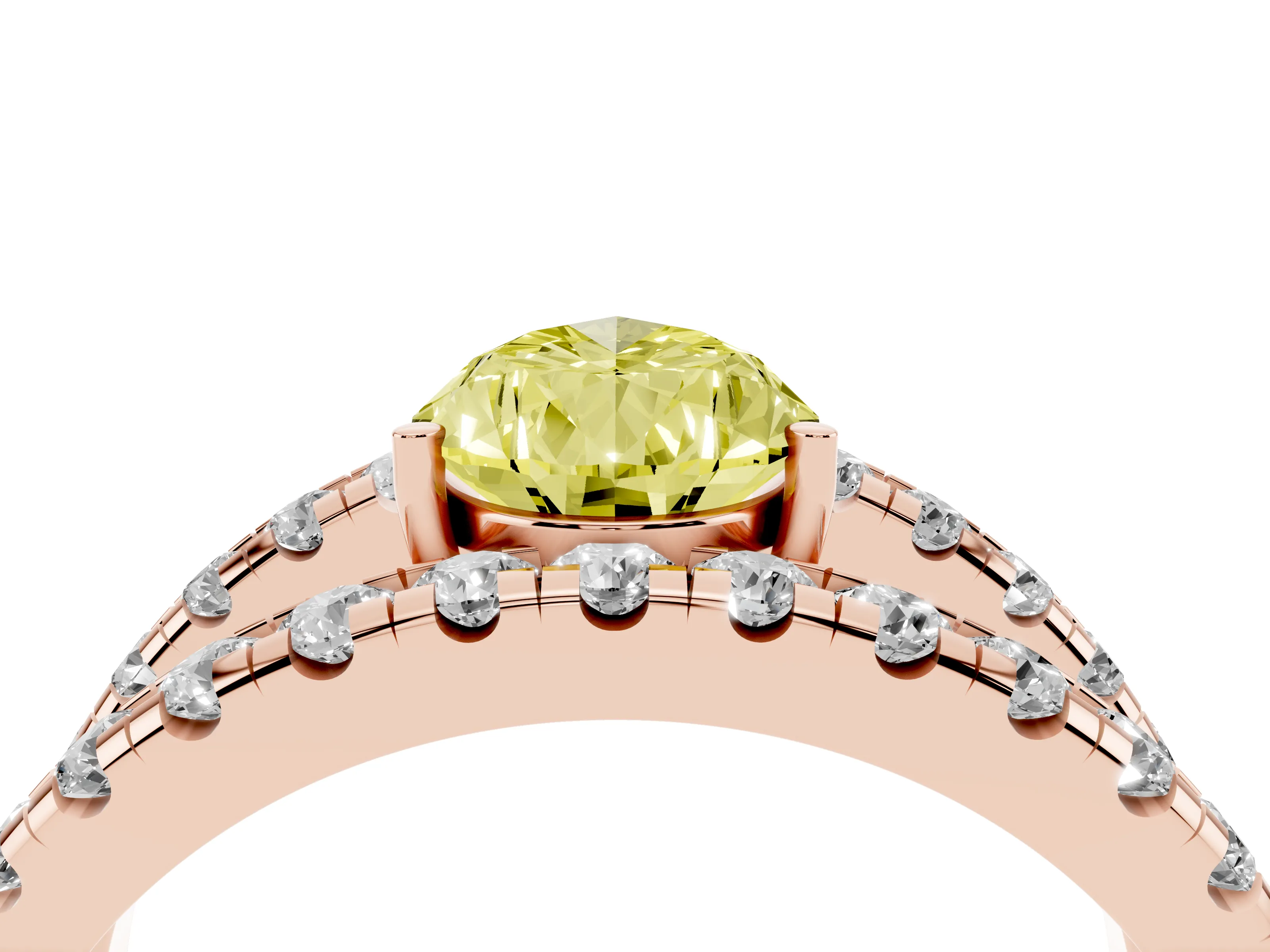 Fancy Yellow Pear Cut Diamond Split Shank Pavé Solitaire Ring Set in Rose gold with Open Shank Design