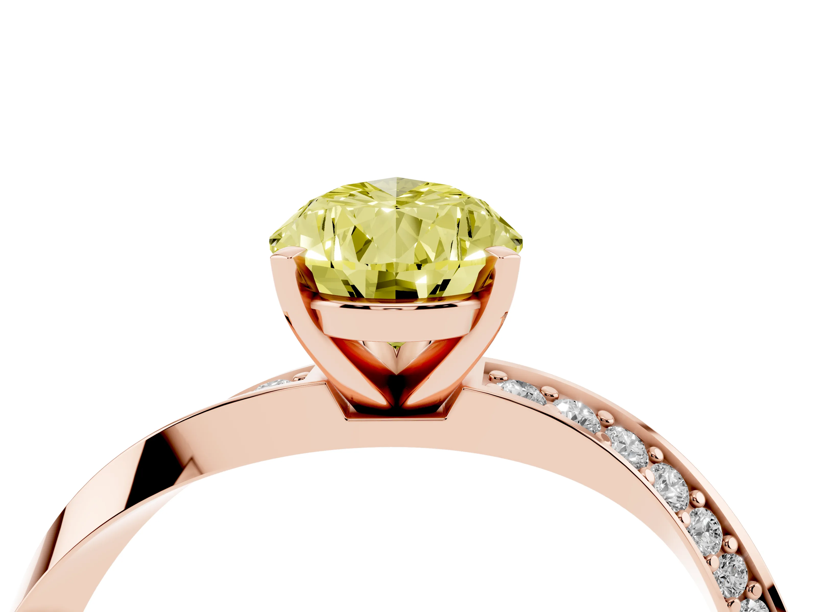 Fancy Yellow Pear Cut Diamond Engagement Ring Set in Rose gold with Side Stone Accents and Prong Setting