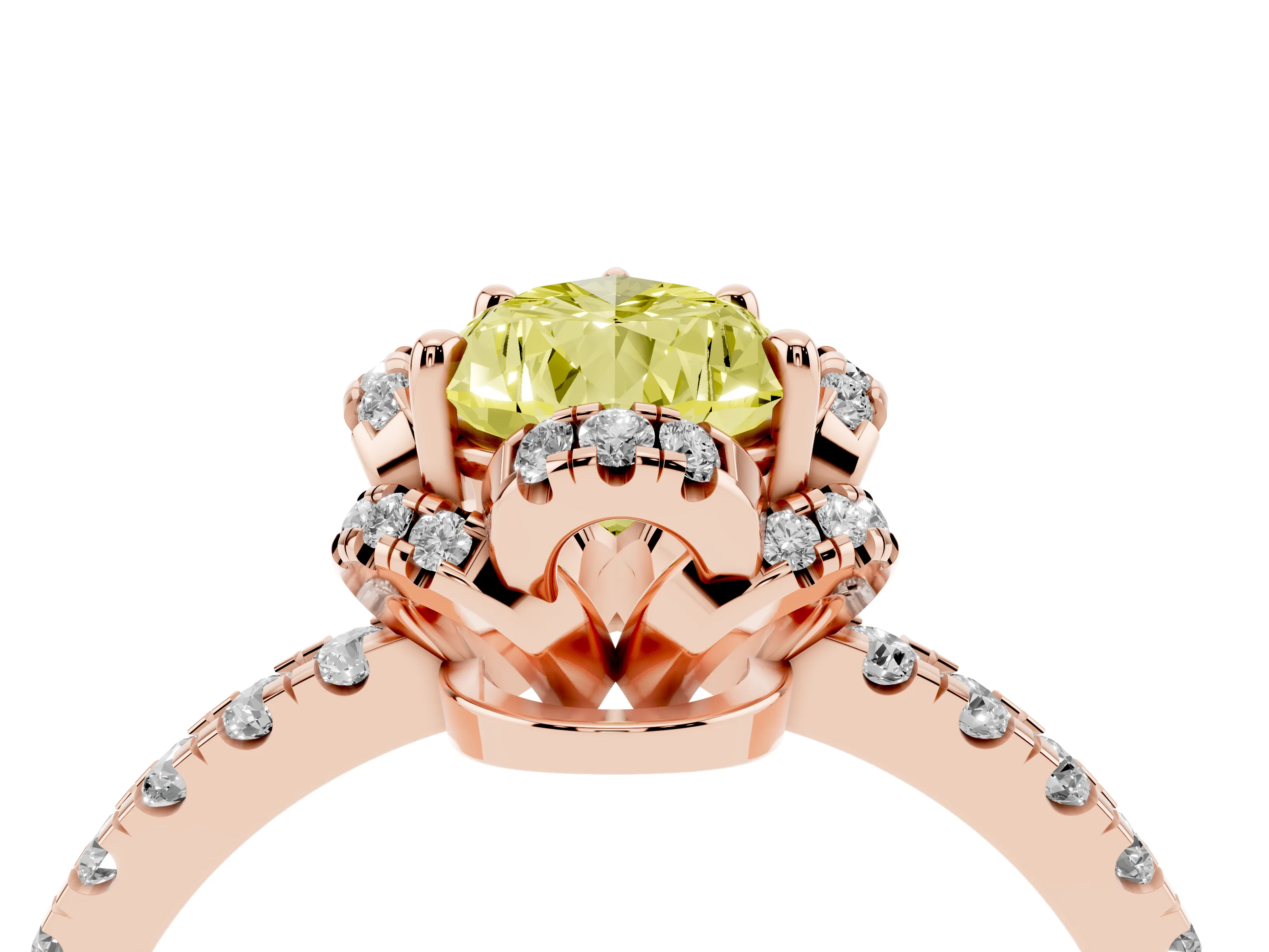 Fancy Yellow Pear Cut Diamond Halo Pavé Band Ring Set in Rose gold with Prong-Held Center