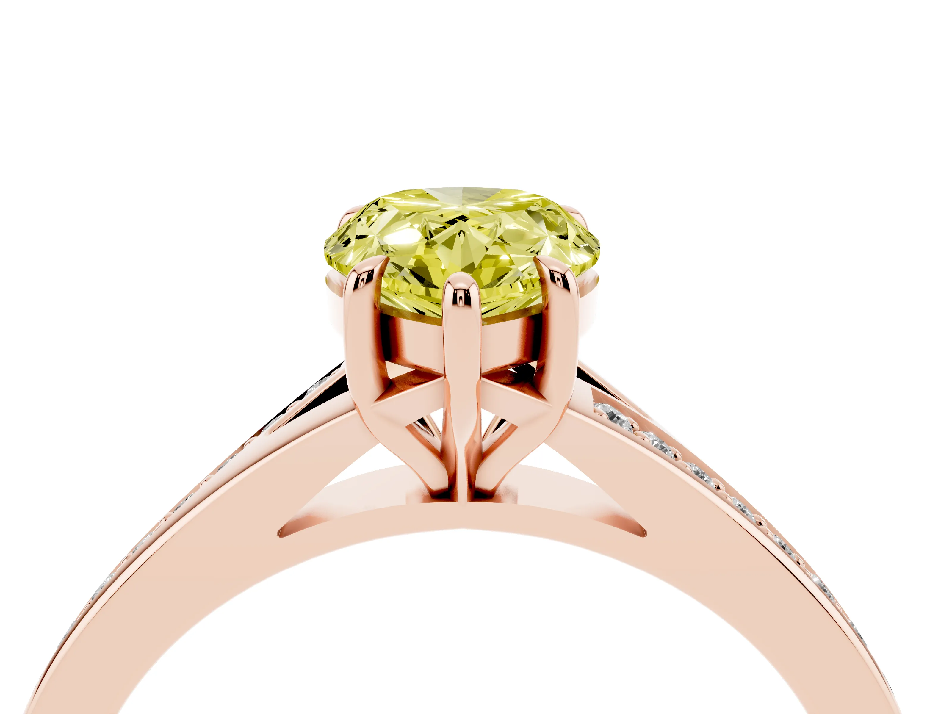 Fancy Yellow Pear Cut Diamond Solitaire Ring Set in Rose gold with Pavé Accent Band and Classic Prong Setting