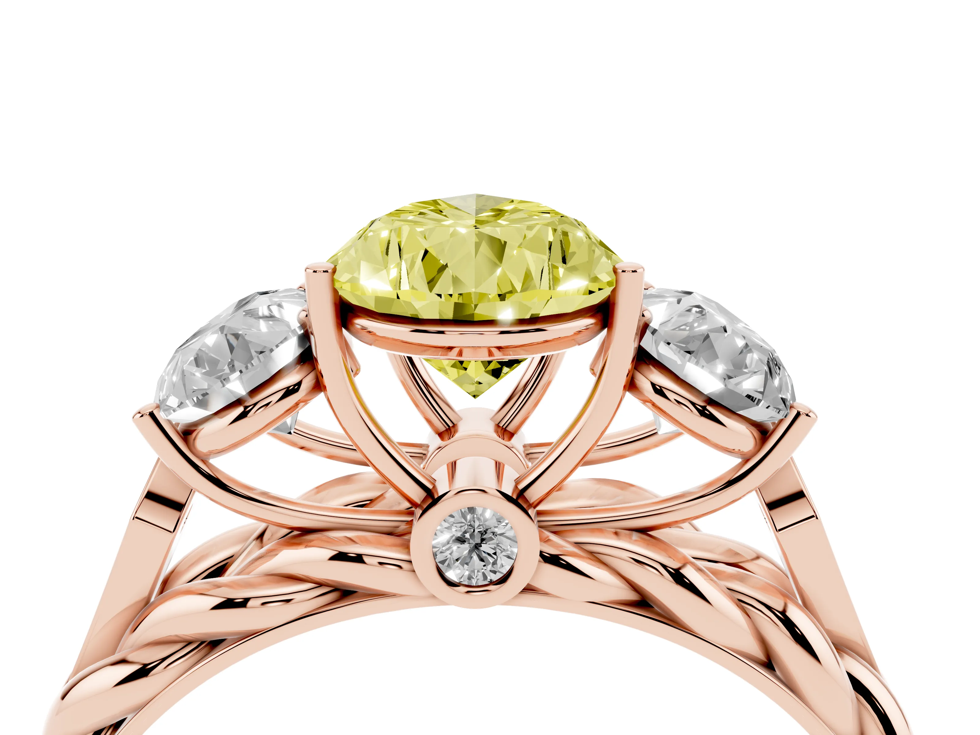 Fancy Yellow Pear Cut Diamond Three-Stone Ring Set in Rose gold with Braided Band