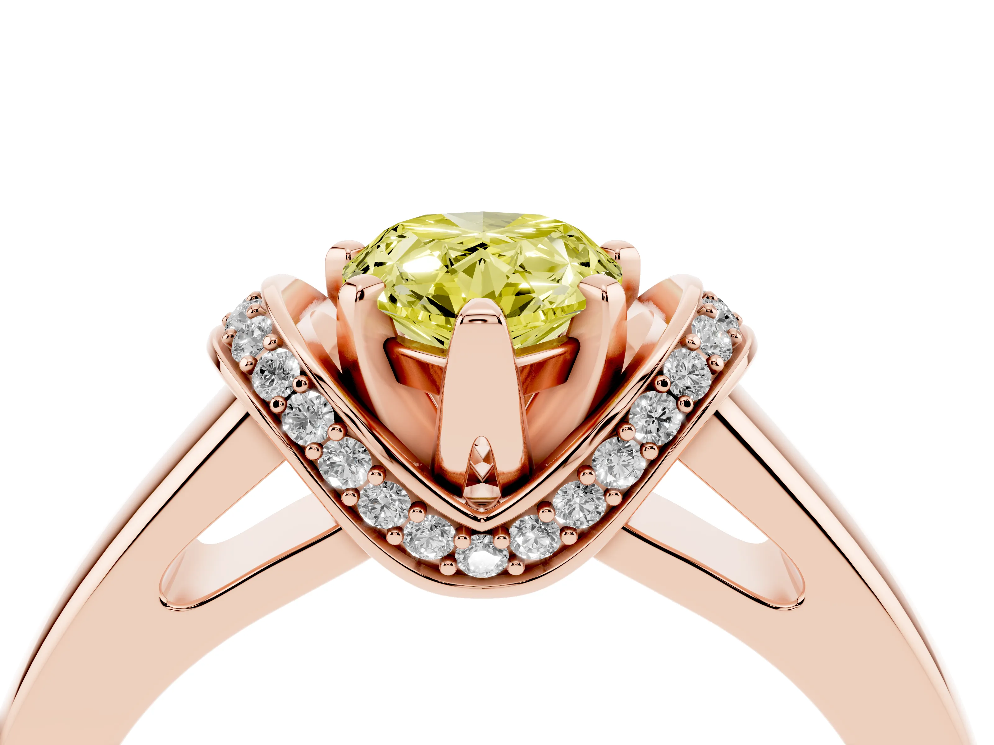 Fancy Yellow Pear Cut Diamond Pavé Band Solitaire Ring Set in Rose gold with Prong Setting