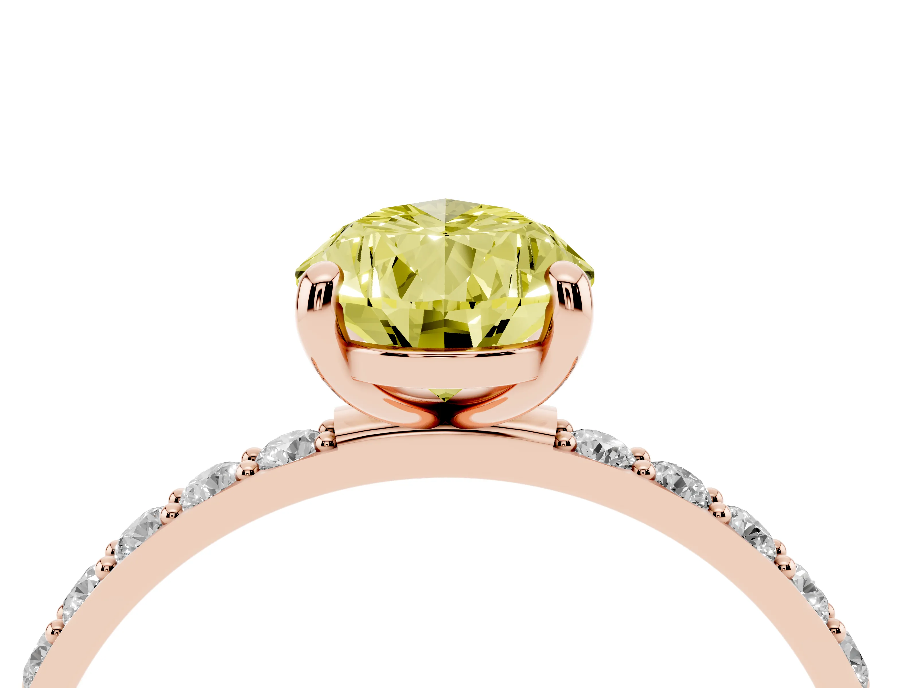 Fancy Yellow Pear Cut Diamond Solitaire Ring Set in Rose gold with Round Pavé Band and Prong Setting
