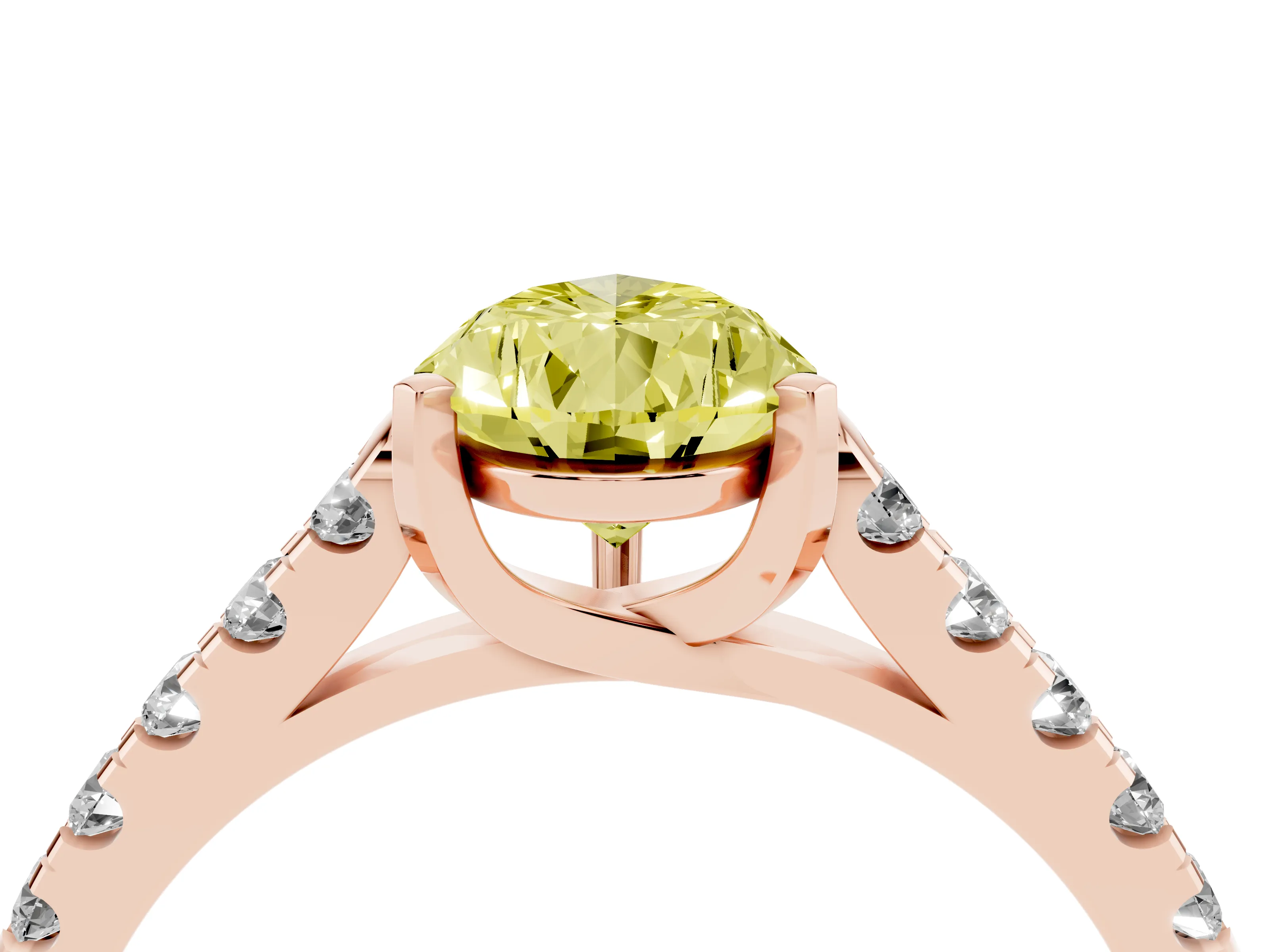 Fancy Yellow Pear Cut Diamond Pavé Band Solitaire Ring Set in Rose gold with Partway Accent Stones and Prong Setting