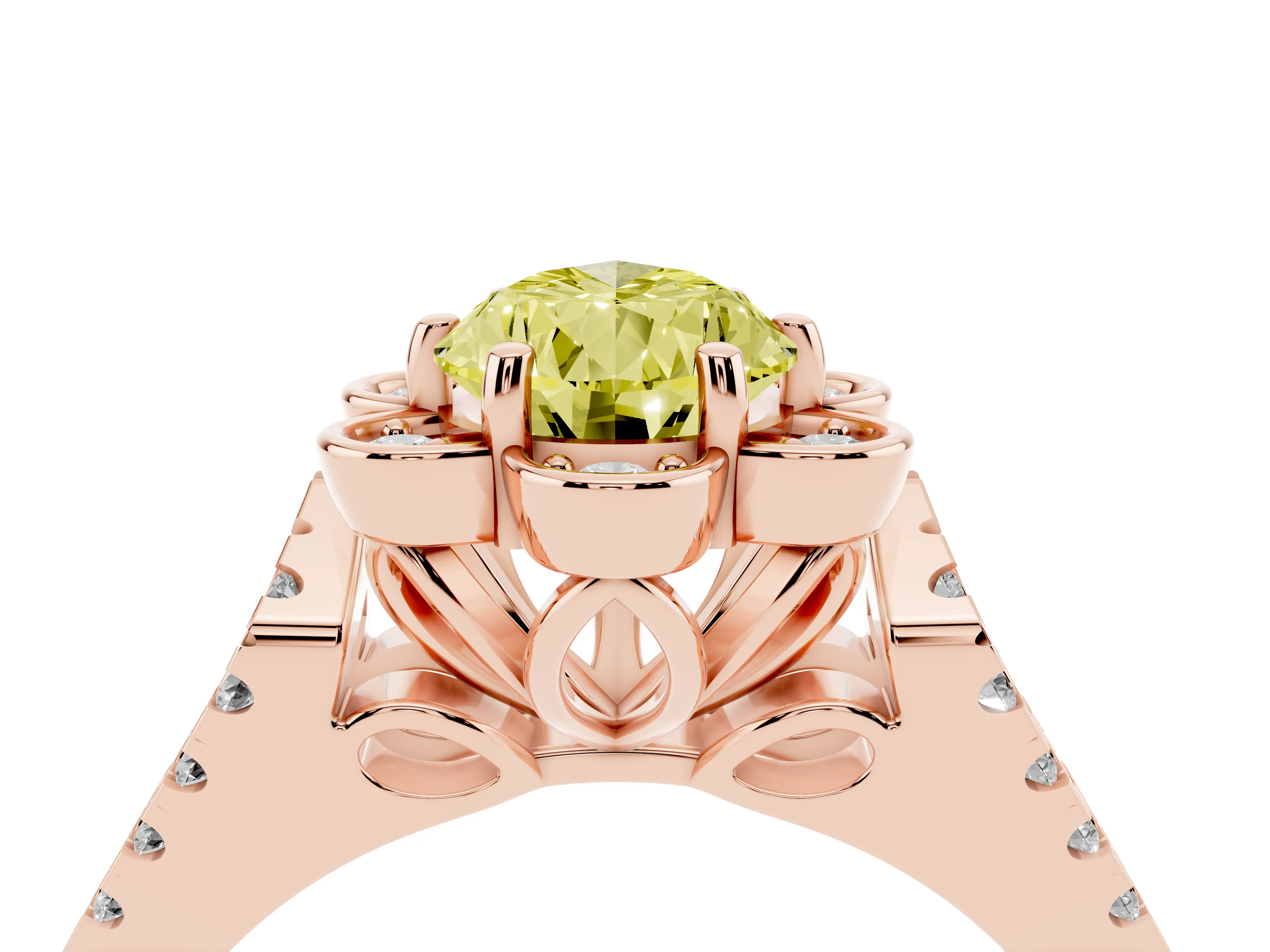 Fancy Yellow Pear Cut Diamond Floral Halo Split Shank Engagement Ring Set in Rose gold with Pavé Shank