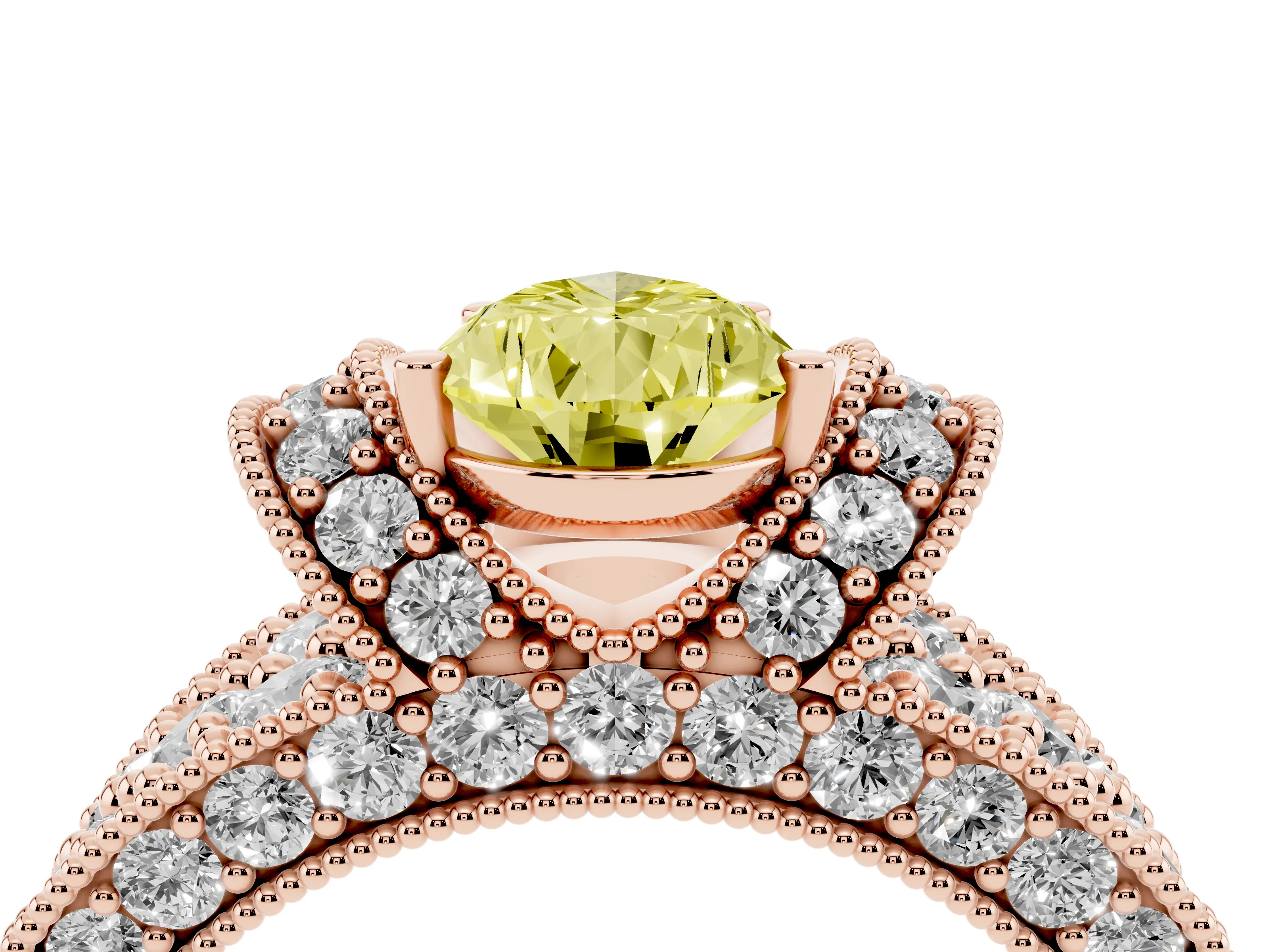 Fancy Yellow Pear Cut Diamond Milgrain Halo Pavé Engagement Ring Set in Rose gold with Prong Setting