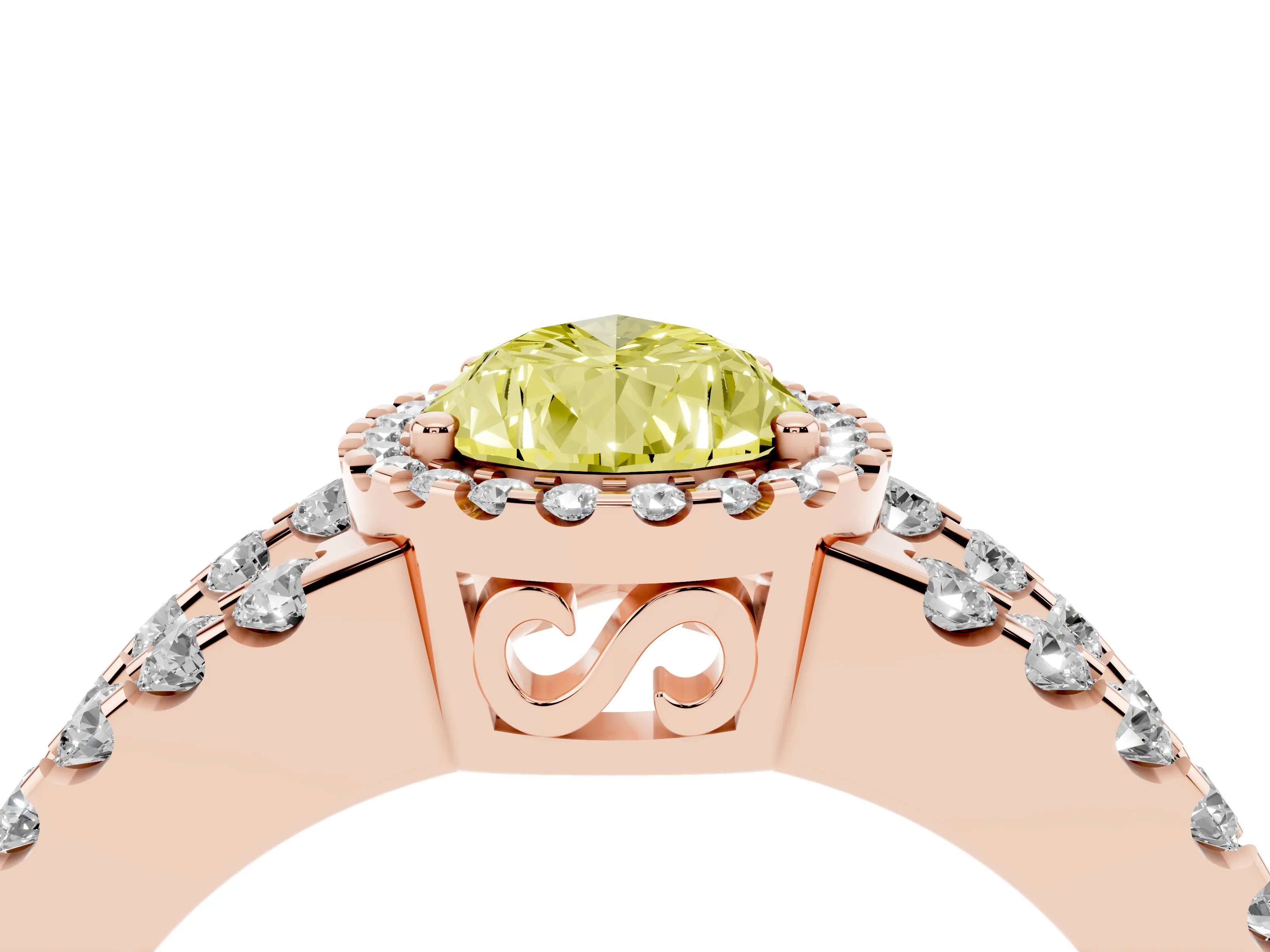 Fancy Yellow Pear Cut Diamond Halo Ring Set in Rose gold with Pavé Split Shank and Prong Setting