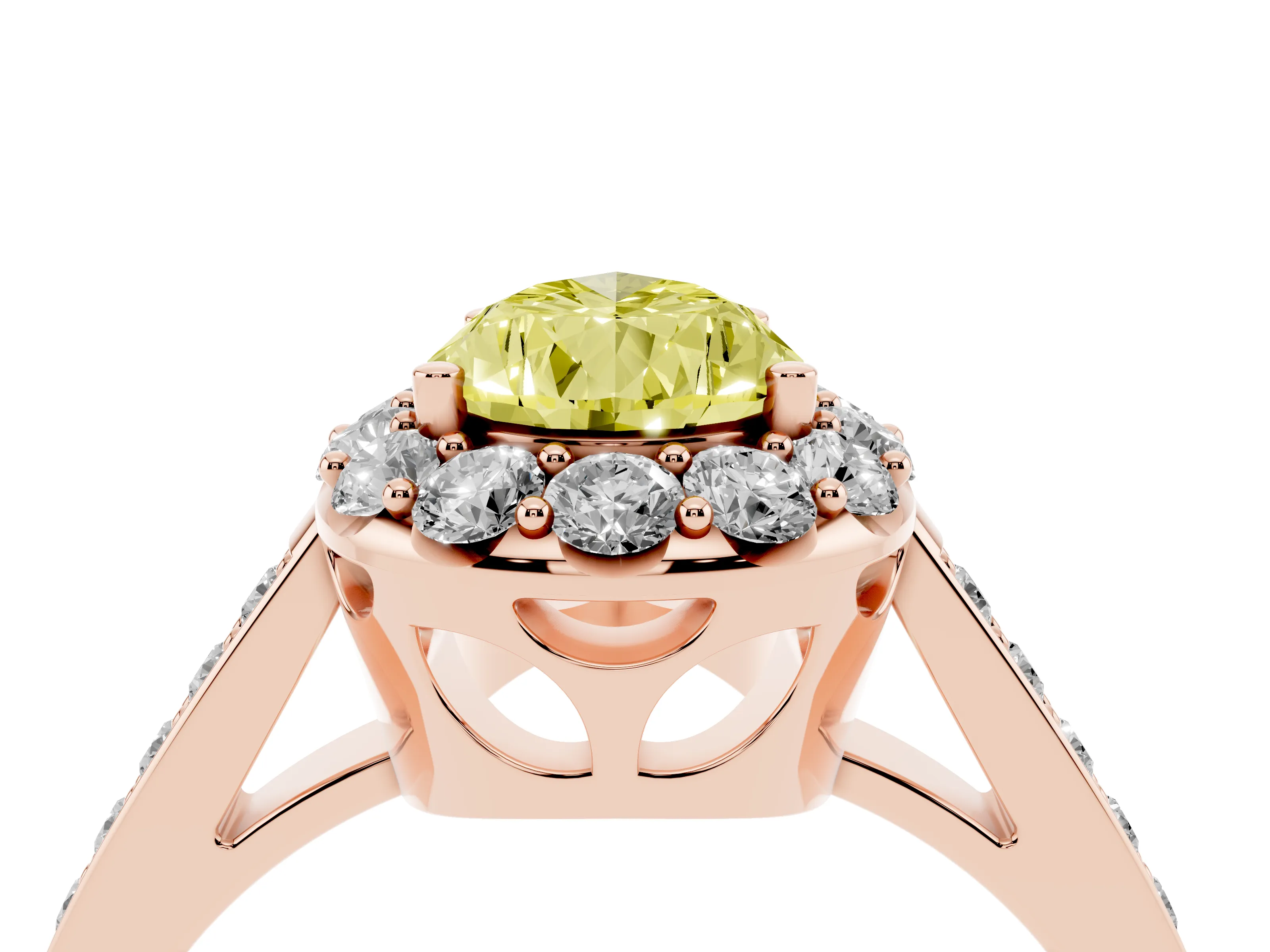 Fancy Yellow Pear Cut Diamond Floral Halo Ring Set in Rose gold with Pavé Band and Prong Setting