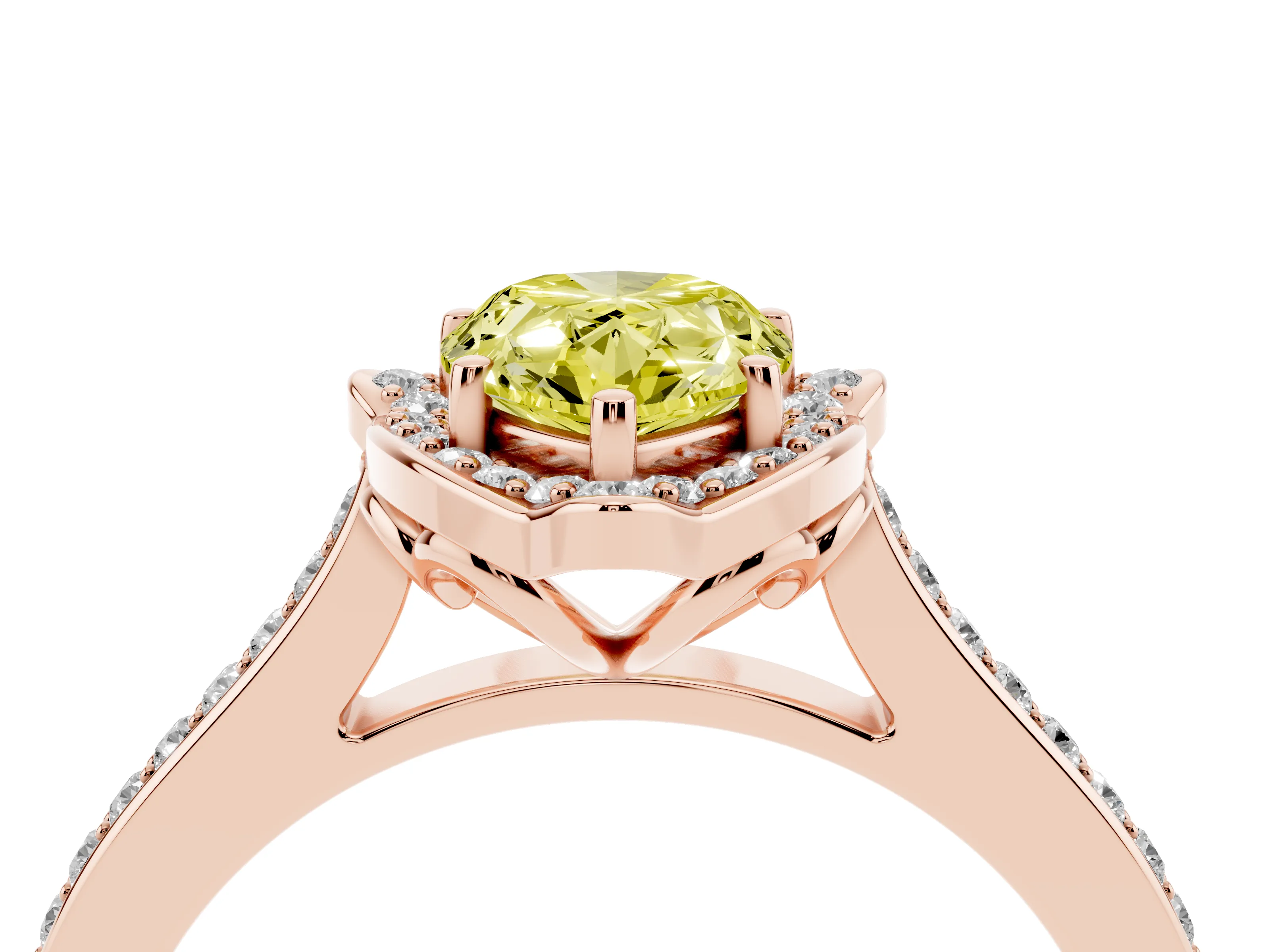 Fancy Yellow Pear Cut Diamond Halo Ring Set in Rose gold with Pavé-Lined Shoulders and Prong Setting