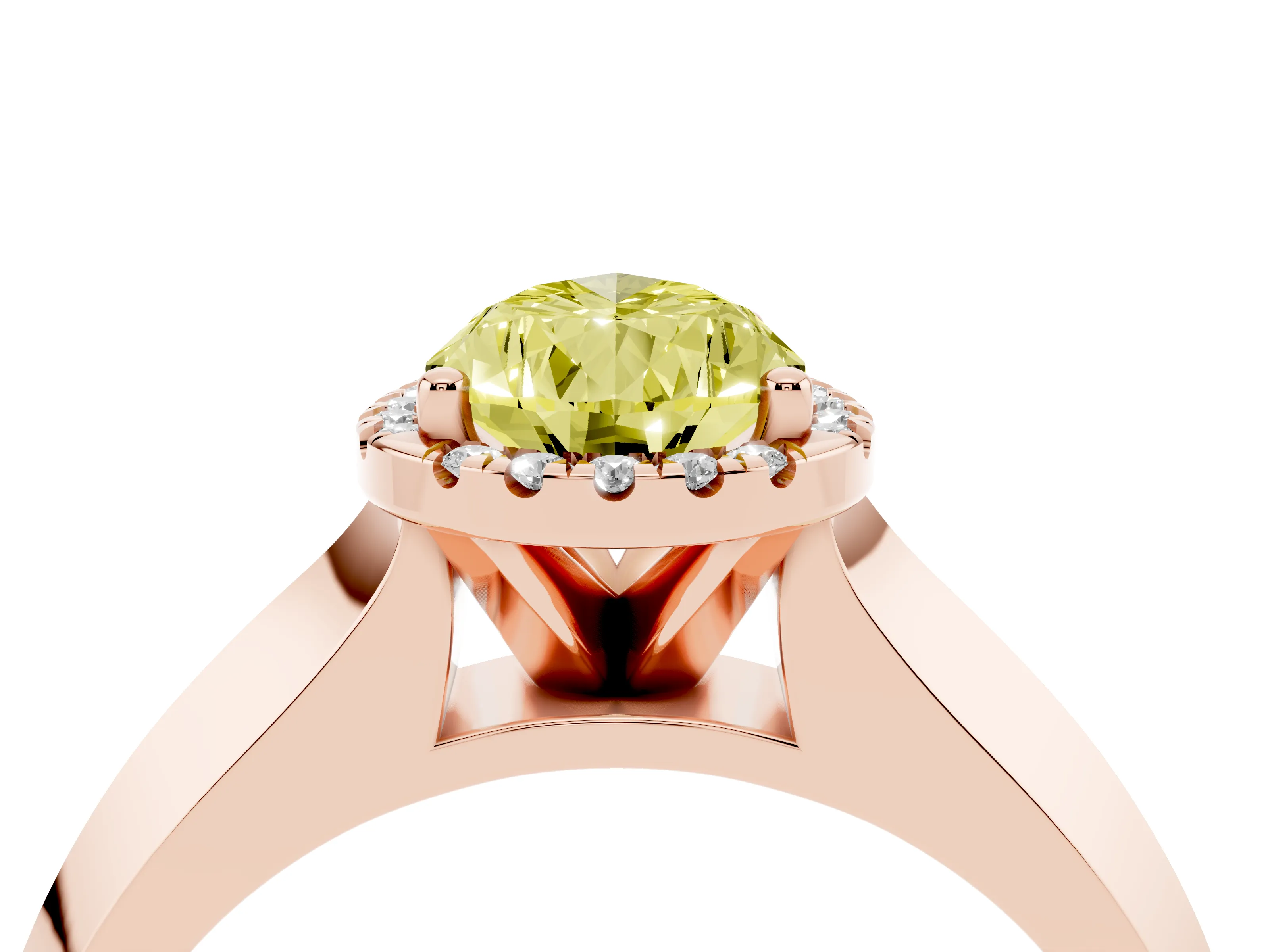 Fancy Yellow Pear Cut Diamond Halo Ring Set in Rose gold with Cathedral Band and Prong Setting