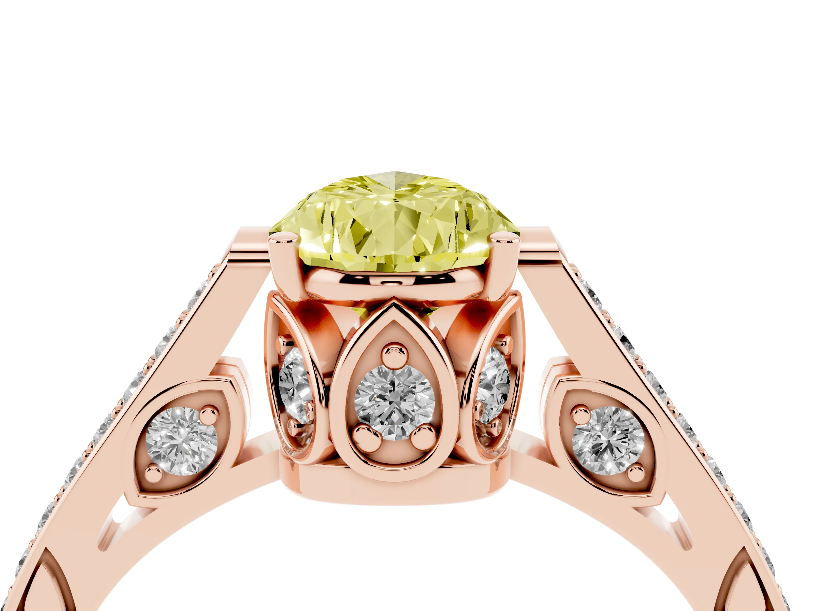 Fancy Yellow Pear Cut Diamond Cathedral Pavé Engagement Ring Set in Rose gold with Prong Setting