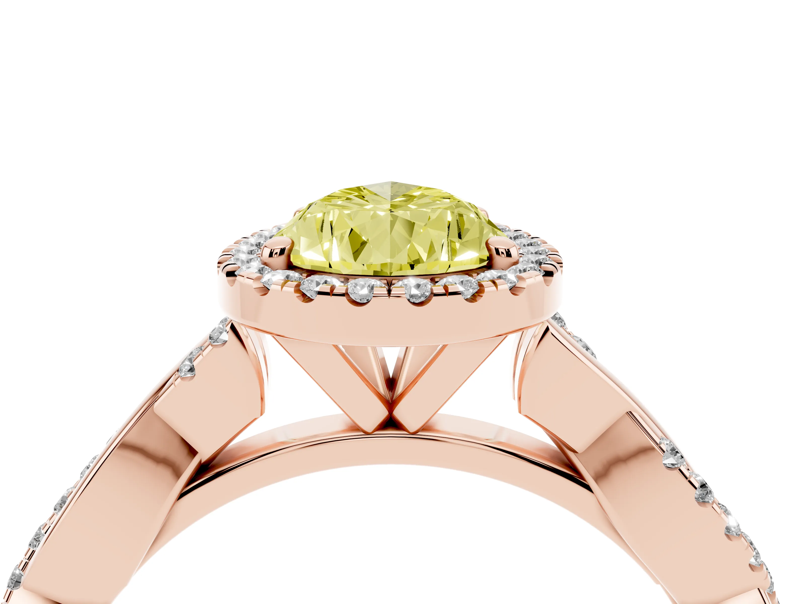 Fancy Yellow Pear Cut Diamond Halo Twisted Band Ring Set in Rose gold with Prong Setting