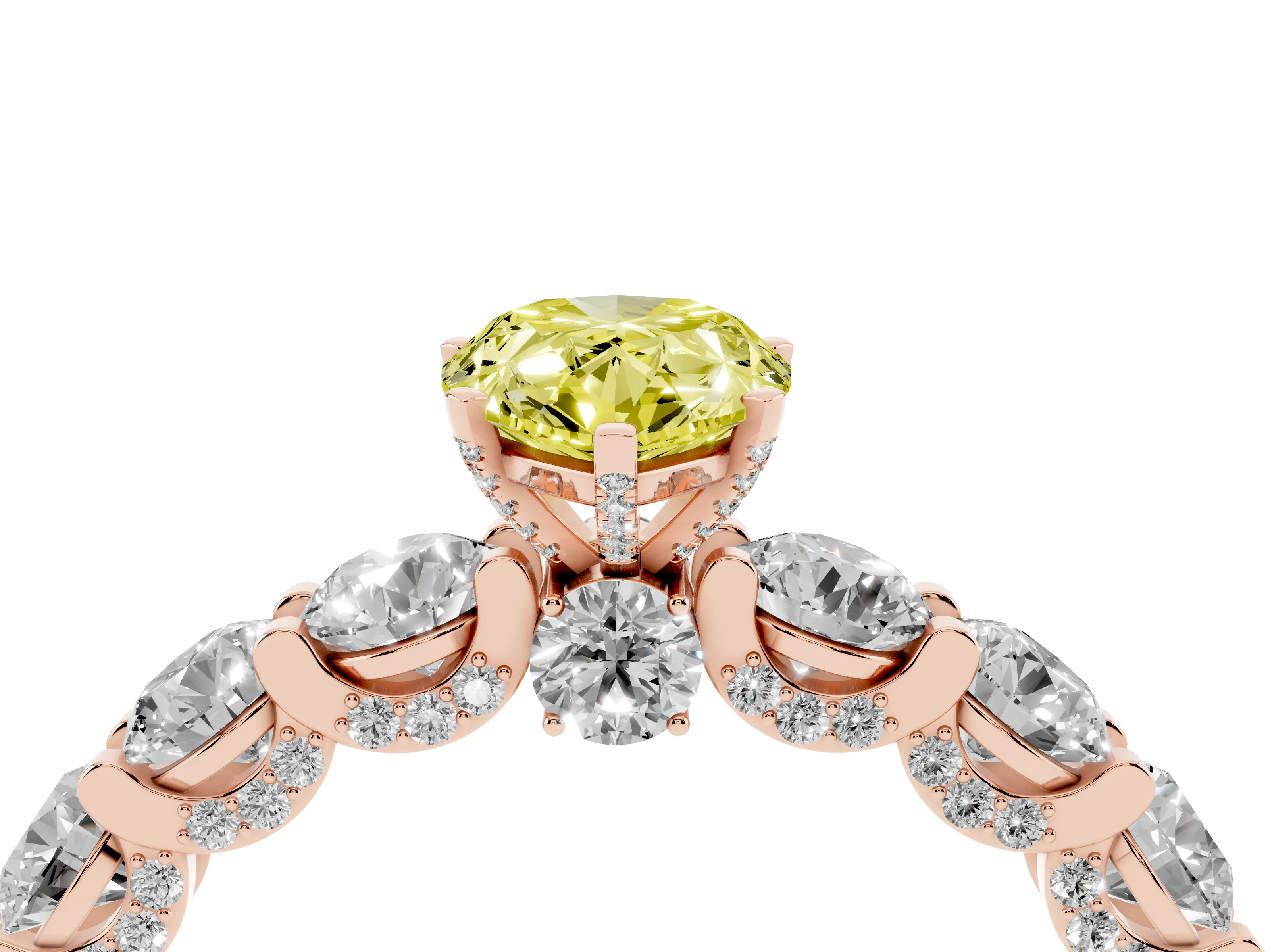 Fancy Yellow Pear Cut Diamond Side Stone Ring Set in Rose gold with Alternating Round and Oval Side Stones