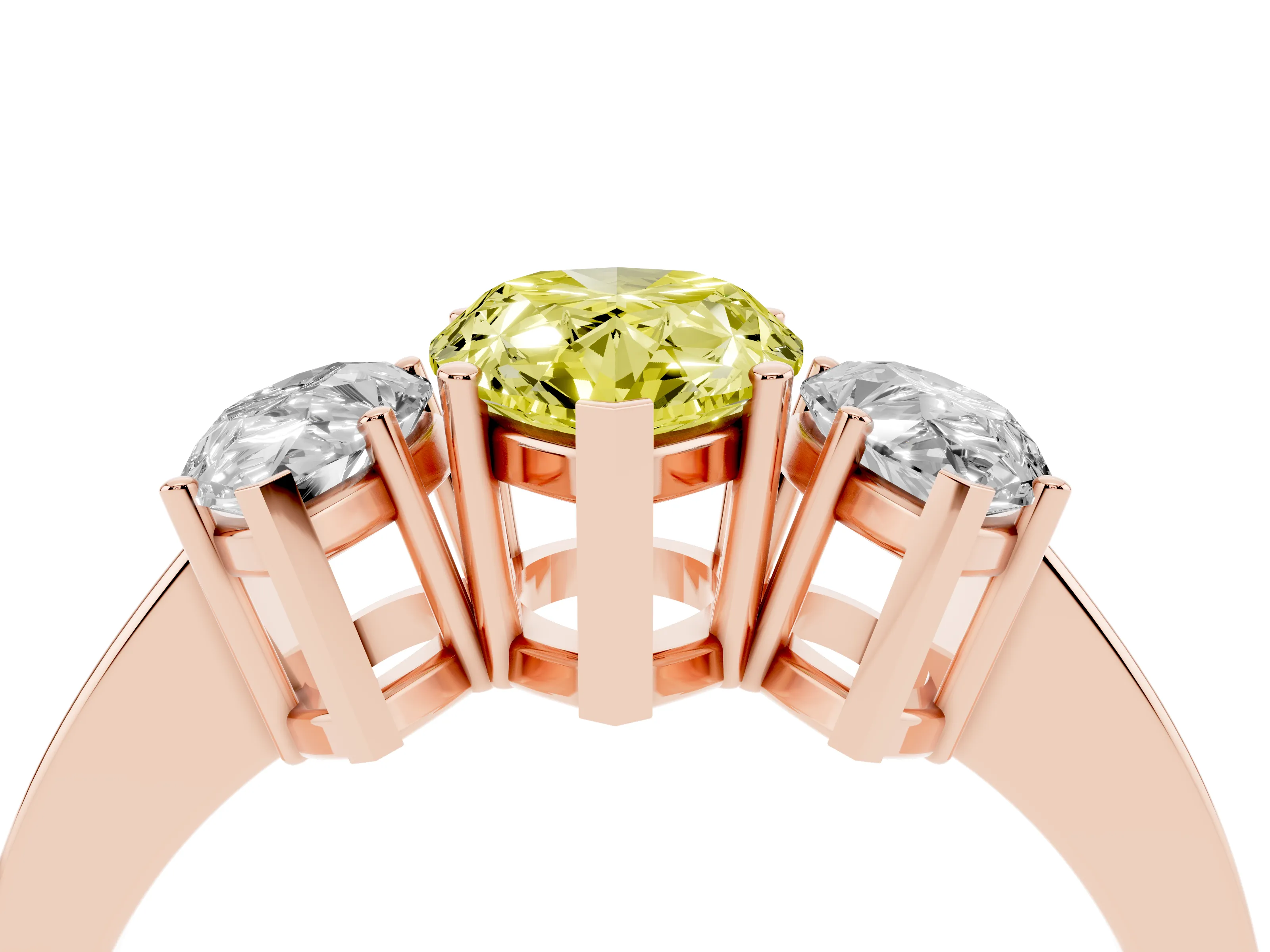 Fancy Yellow Pear Cut Diamond Three-Stone Engagement Ring Set in Rose gold with Flat Band