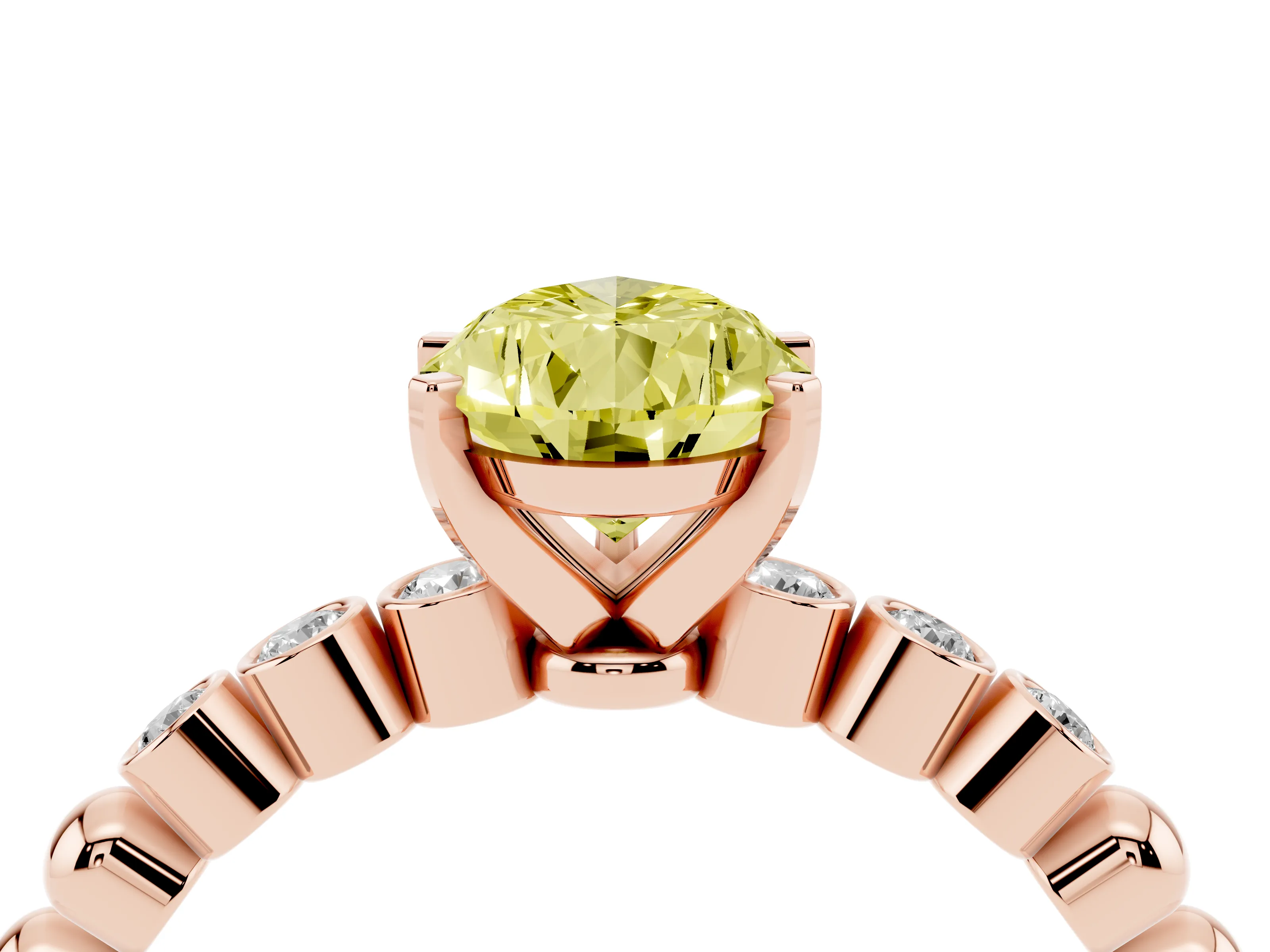 Fancy Yellow Pear Cut Diamond Solitaire Engagement Ring Set in Rose gold with Bezel Accents on Beaded Band