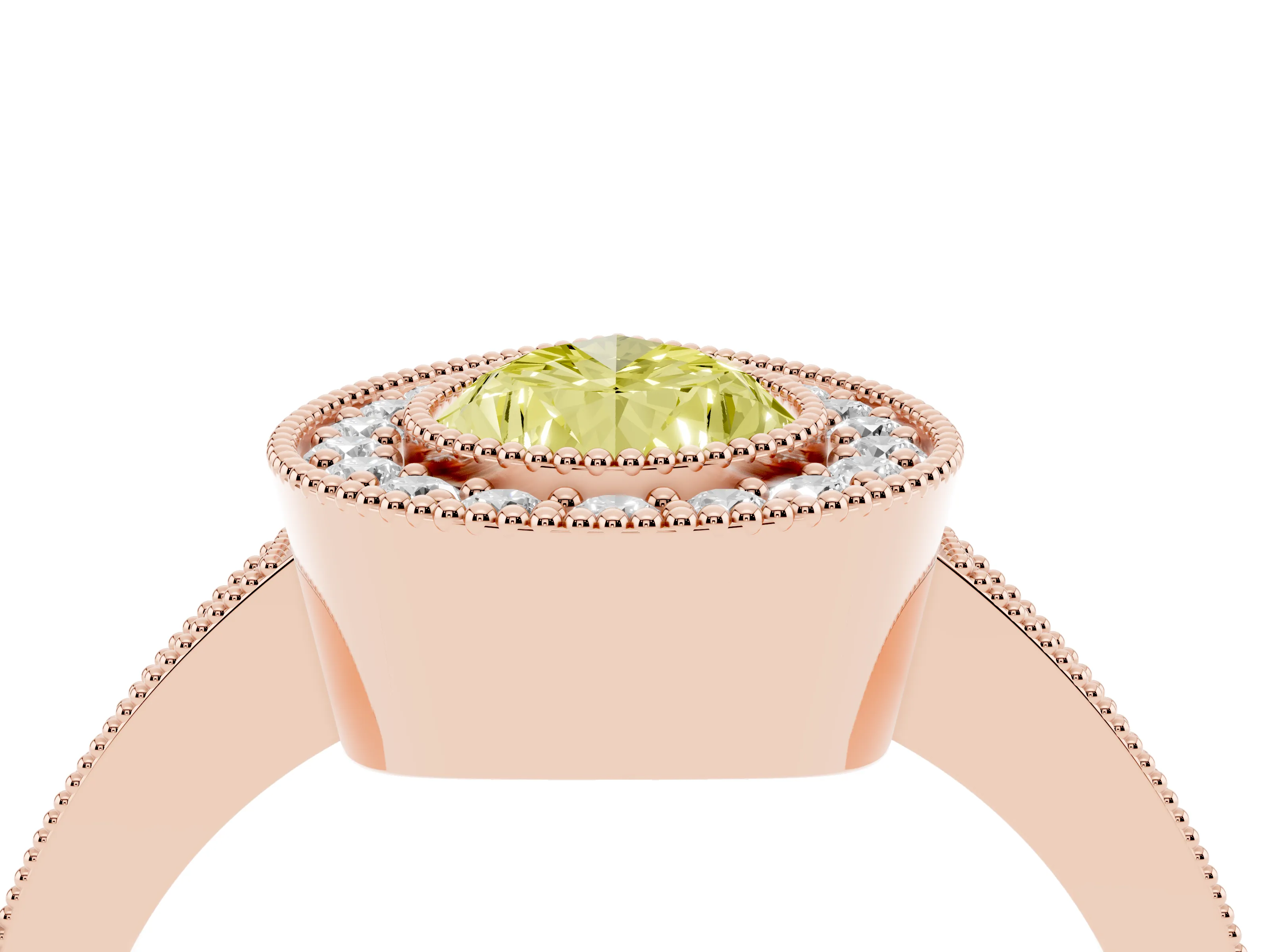 Fancy Yellow Pear Cut Diamond Halo Engagement Ring Set in Rose gold with Pavé Band and Round Halo Stones