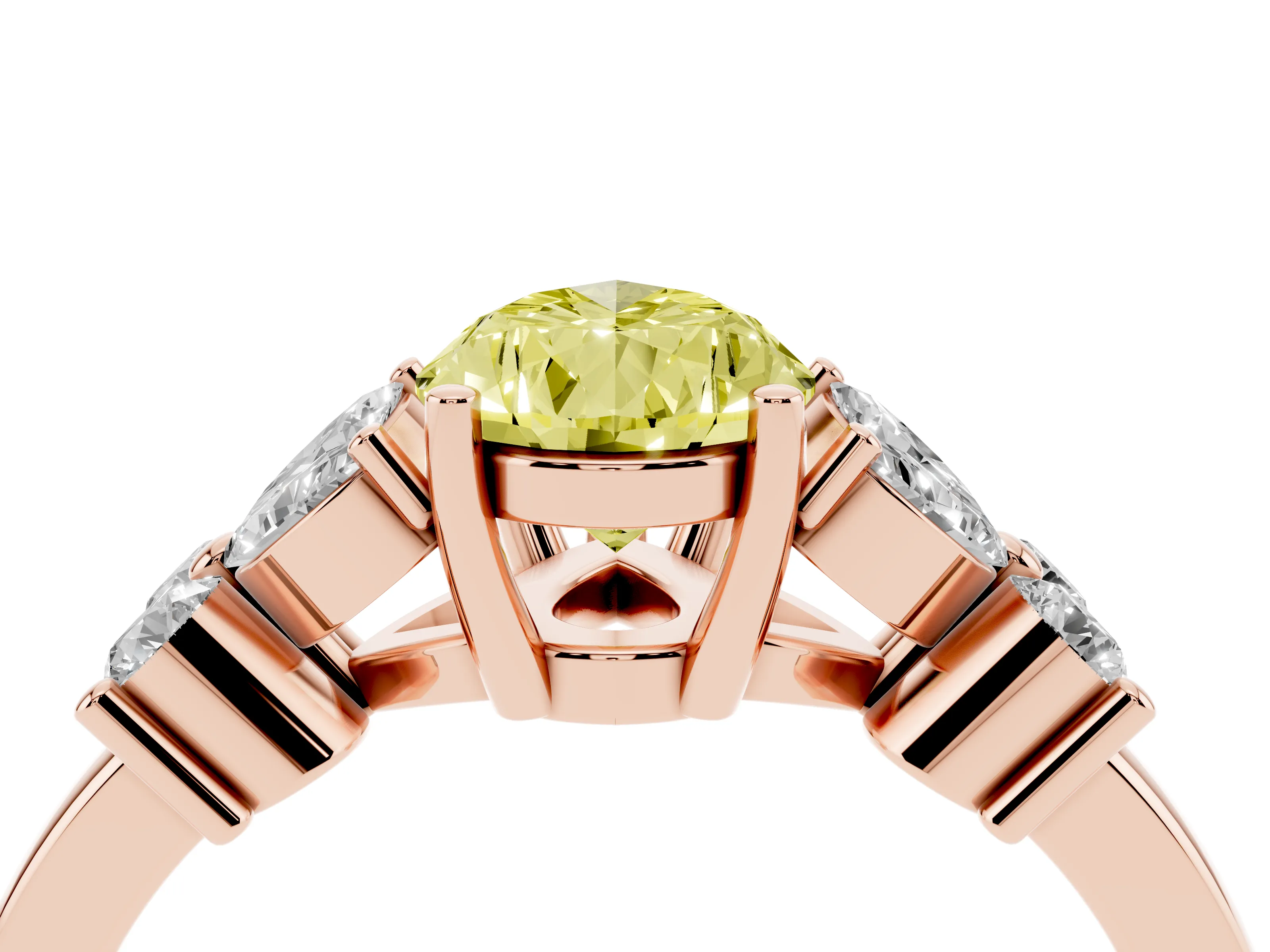 Fancy Yellow Pear Cut Diamond Floral Cluster Ring Set in Rose gold with Marquise Petals and Prong Setting