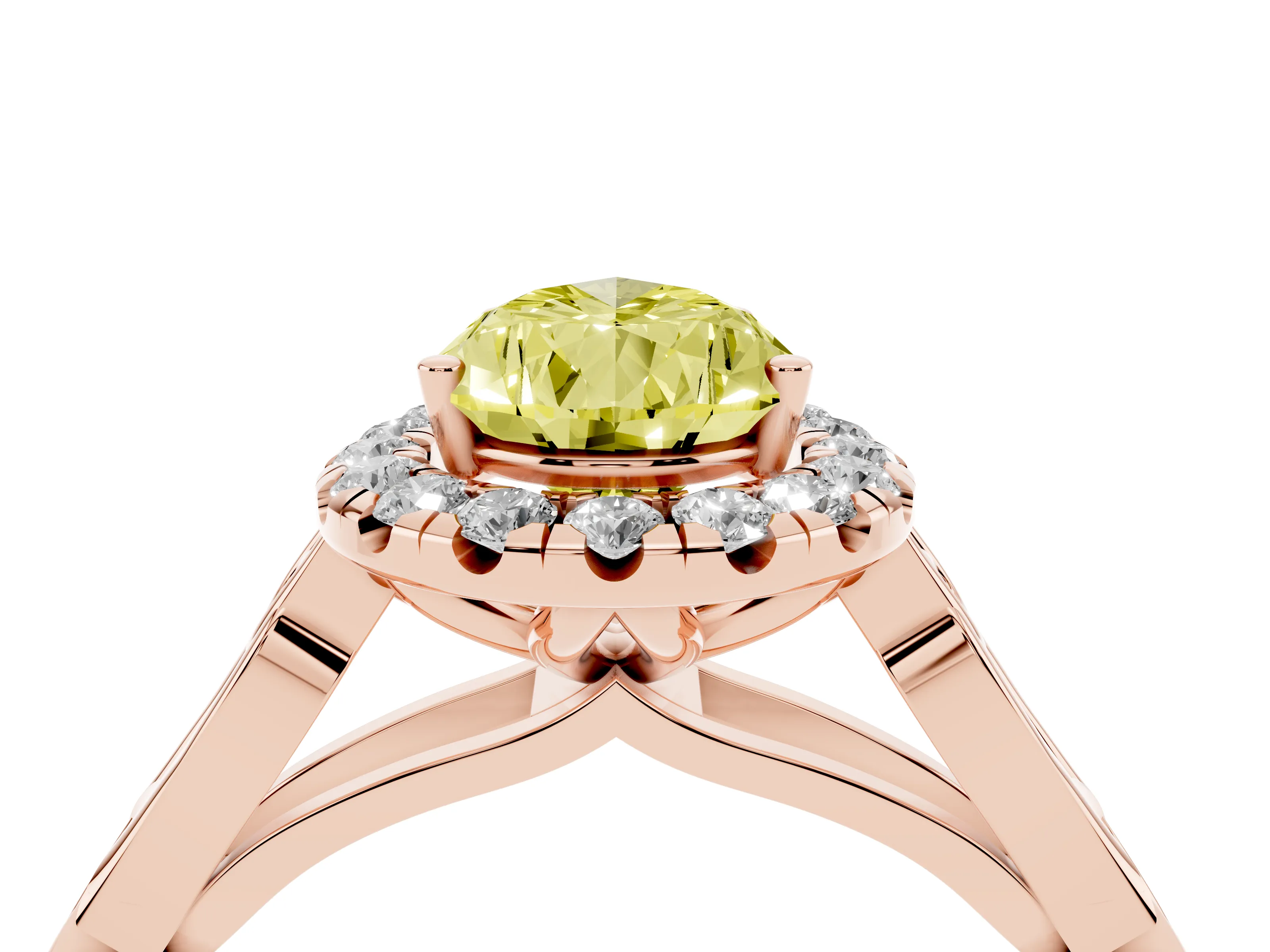 Fancy Yellow Pear Cut Diamond Halo Engagement Ring Set in Rose gold with Filigree Band and Prong-Set Center