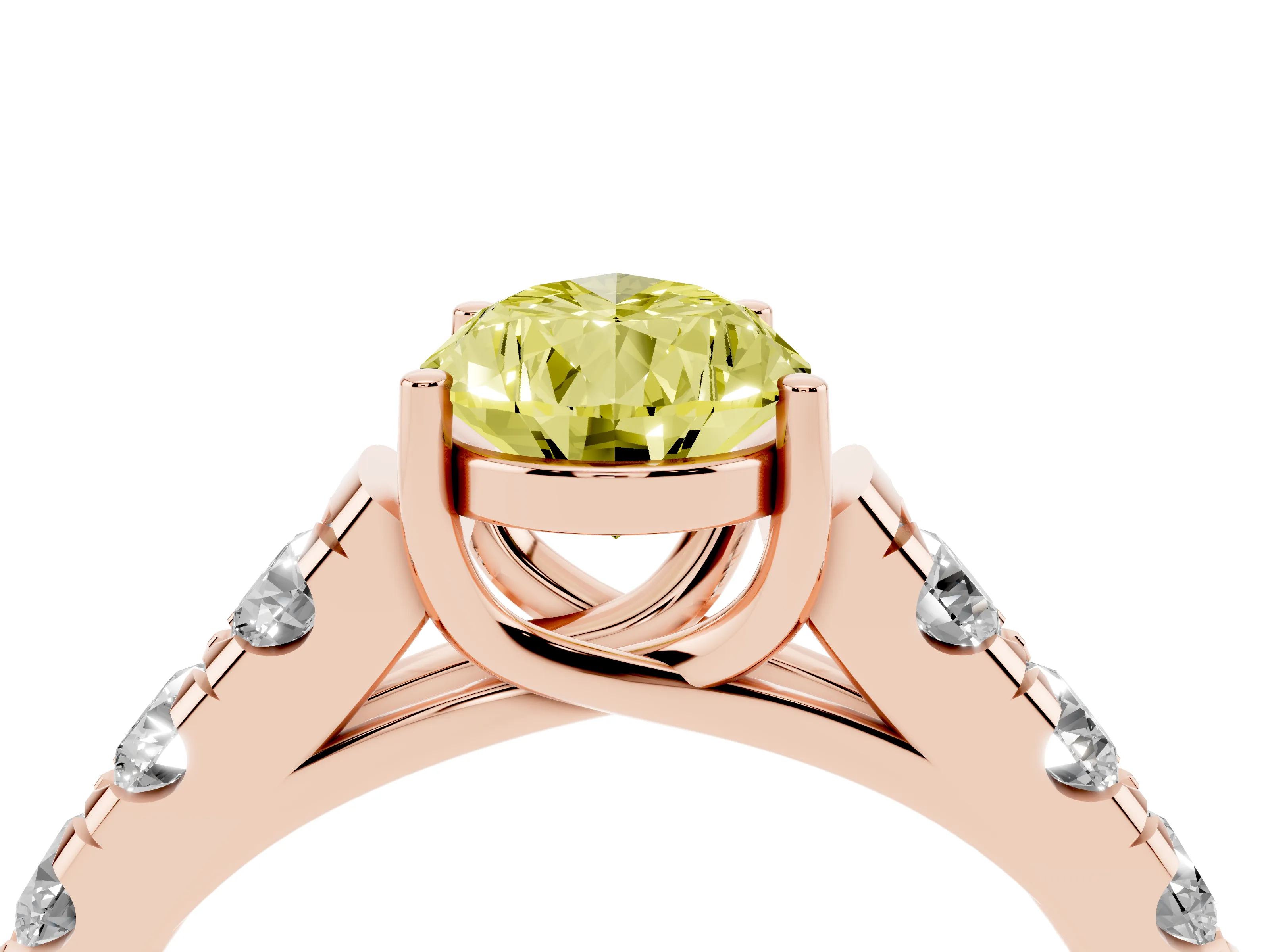 Fancy Yellow Pear Cut Diamond Solitaire Ring Set in Rose gold with Cut-Down Micro Pavé Band and Prong Setting