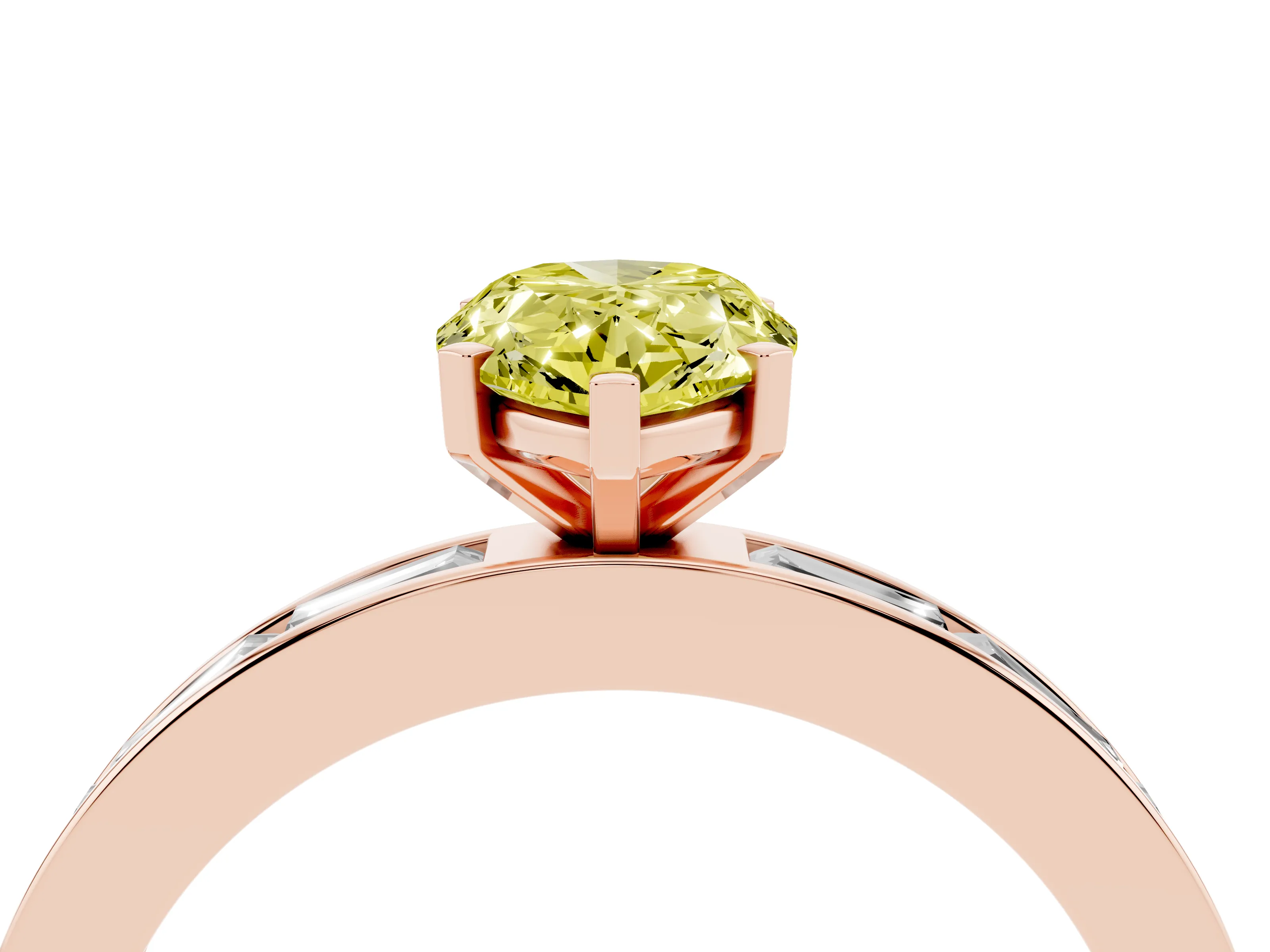 Fancy Yellow Pear Cut Diamond Solitaire Ring Set in Rose gold with Channel-Set Baguette Band and Prong Setting