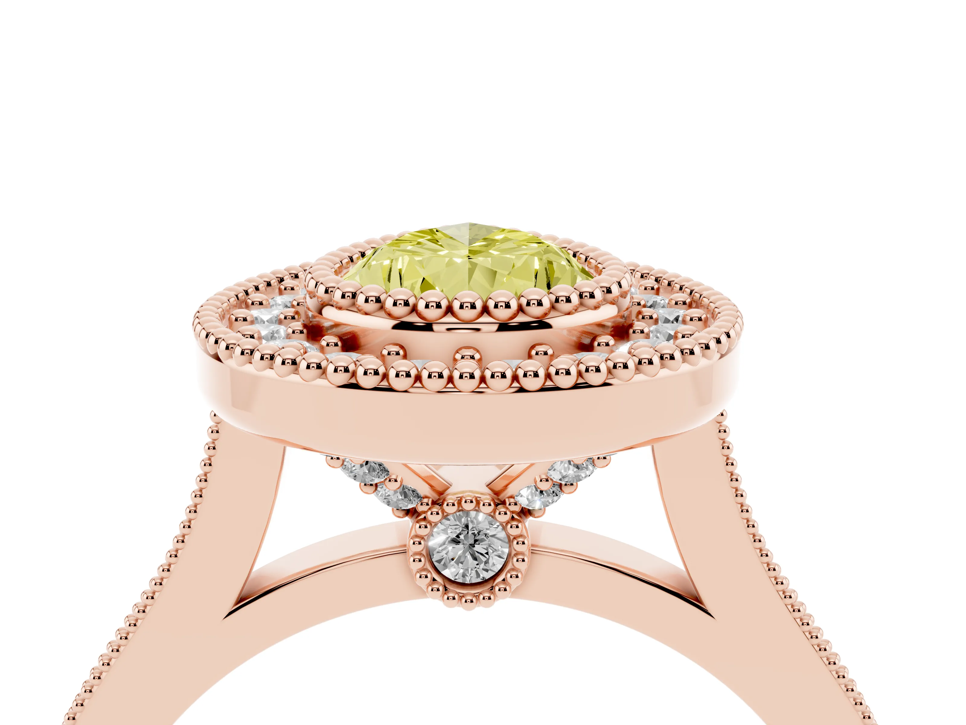 Fancy Yellow Pear Cut Diamond Halo Ring Set in Rose gold with Milgrain Frame and Pavé Band