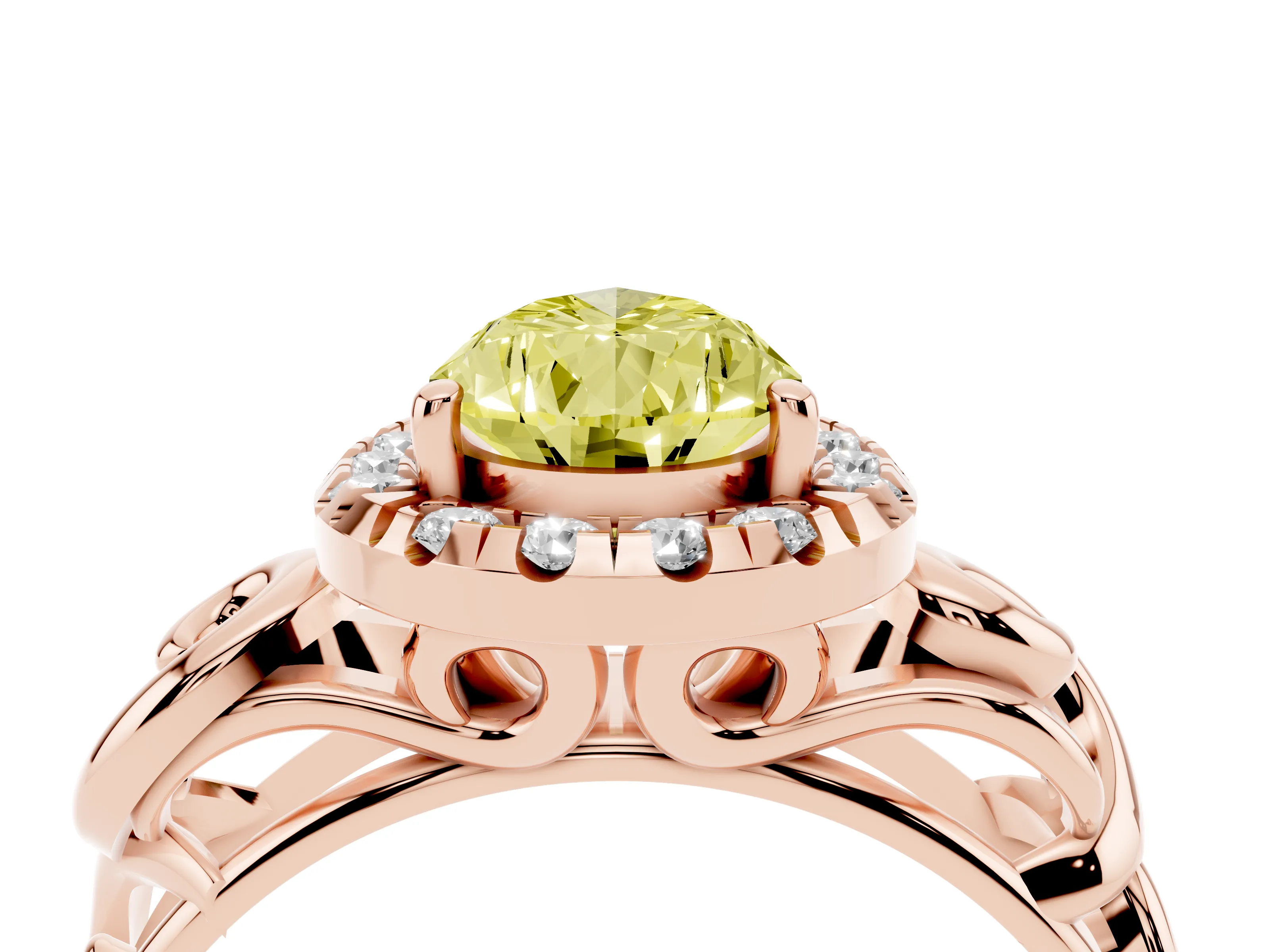 Fancy Yellow Pear Cut Diamond Halo Ring Set in Rose gold with Scrollwork Band and Prong Setting