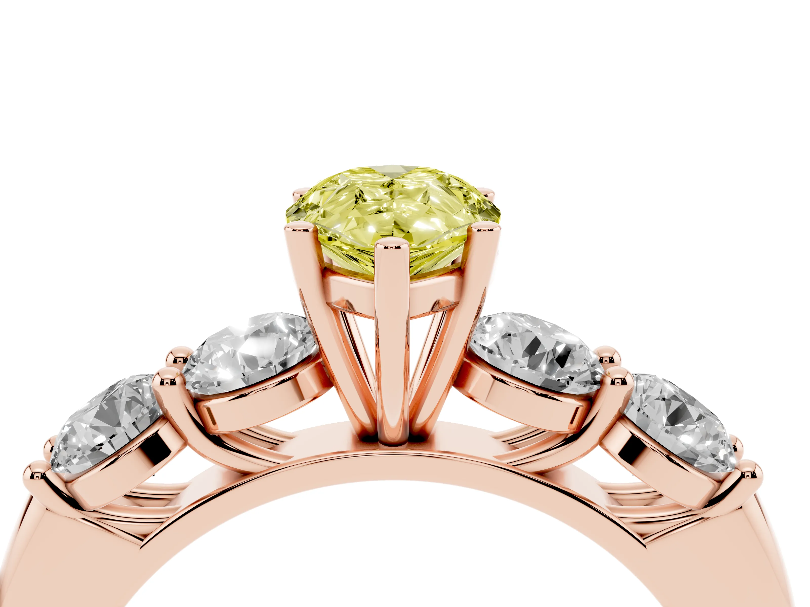 Fancy Yellow Pear Cut Diamond Five-Stone Prong Set Ring Set in Rose gold with Classic Band