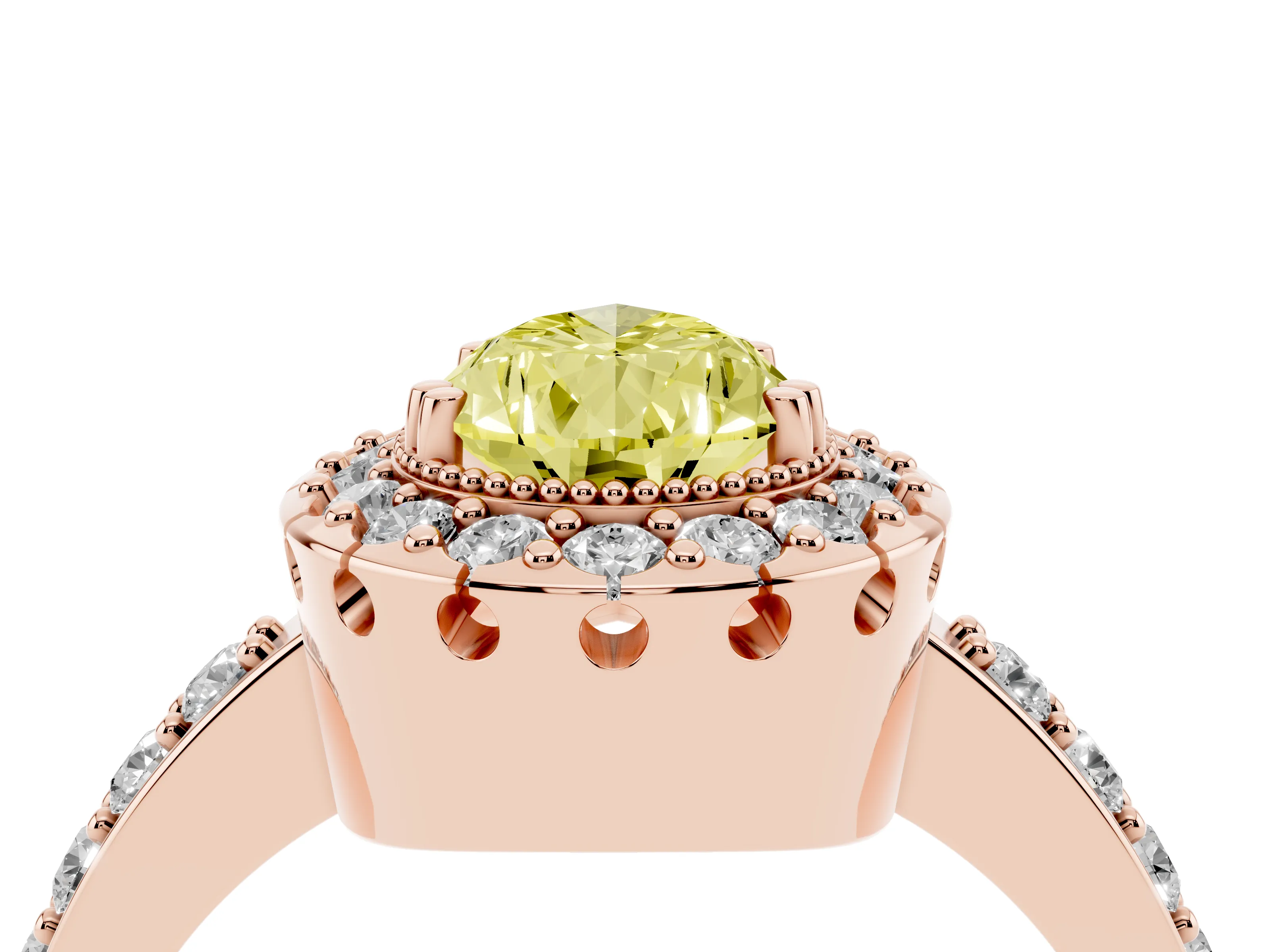 Fancy Yellow Pear Cut Diamond Halo Ring Set in Rose gold with Pavé Shank and Prong Setting