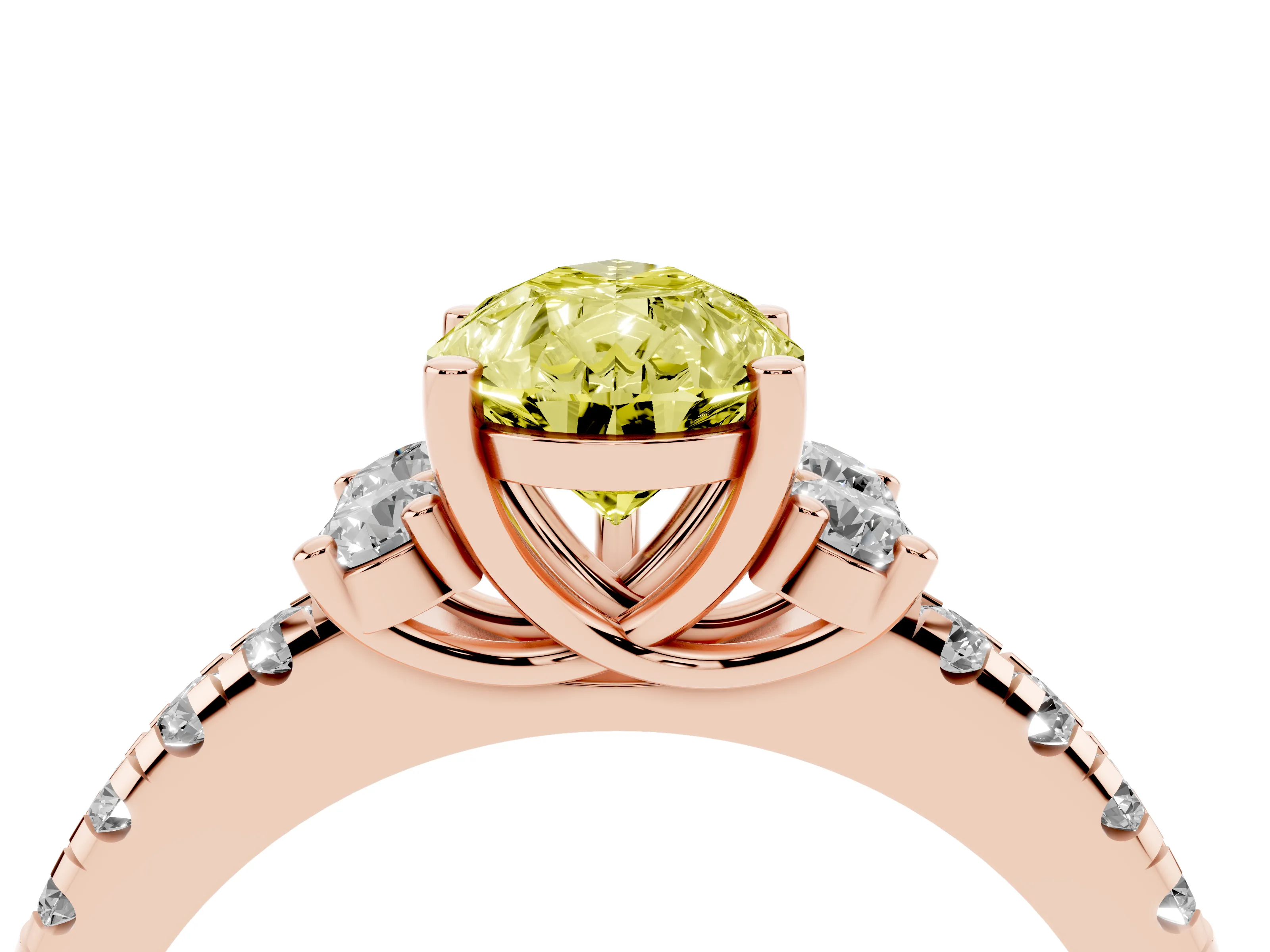 Fancy Yellow Pear Cut Diamond Three-Stone Pavé Ring Set in Rose gold with Prong Setting