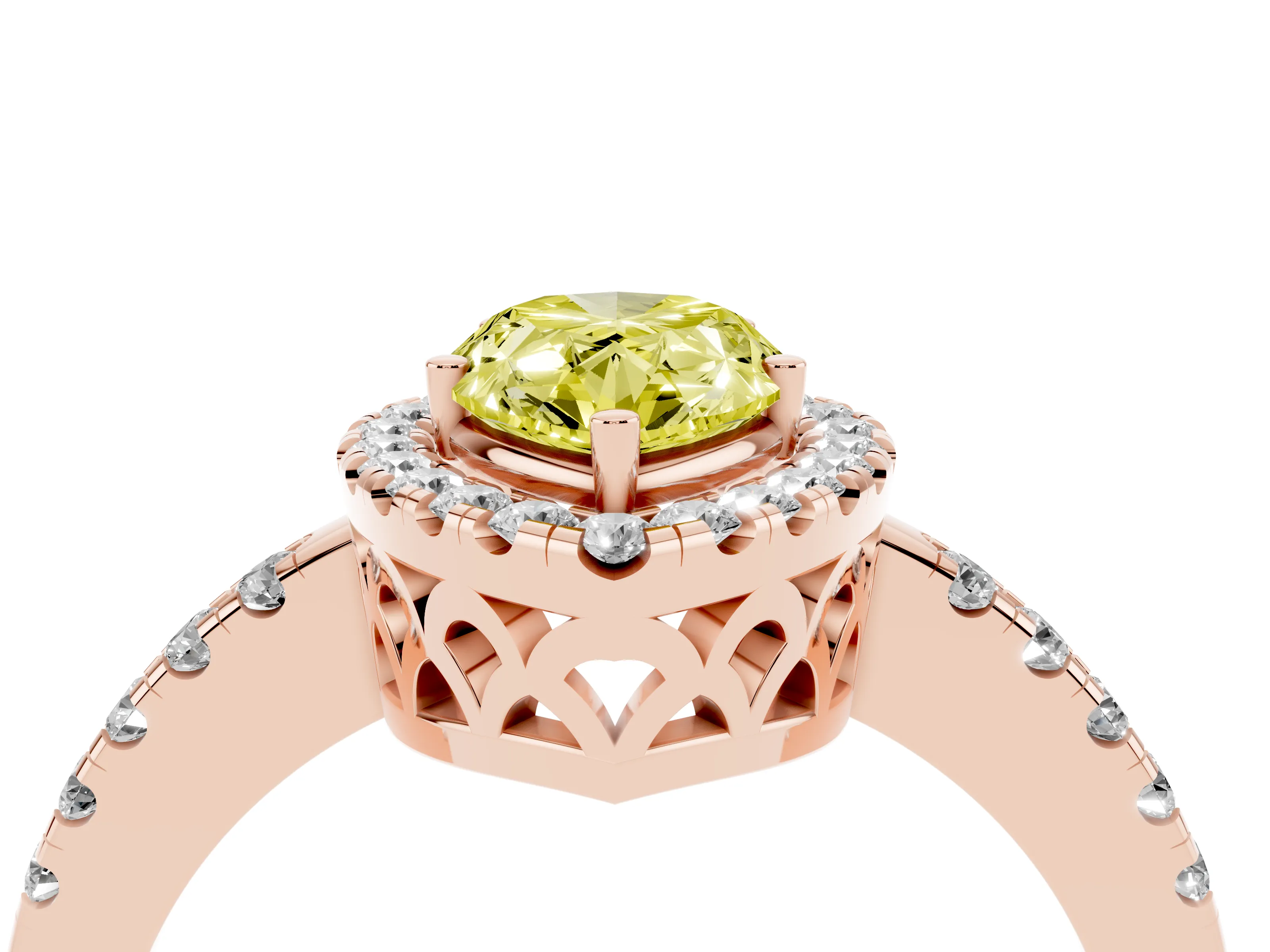 Fancy Yellow Pear Cut Diamond Pavé Band Halo Engagement Ring Set in Rose gold with Prong Setting