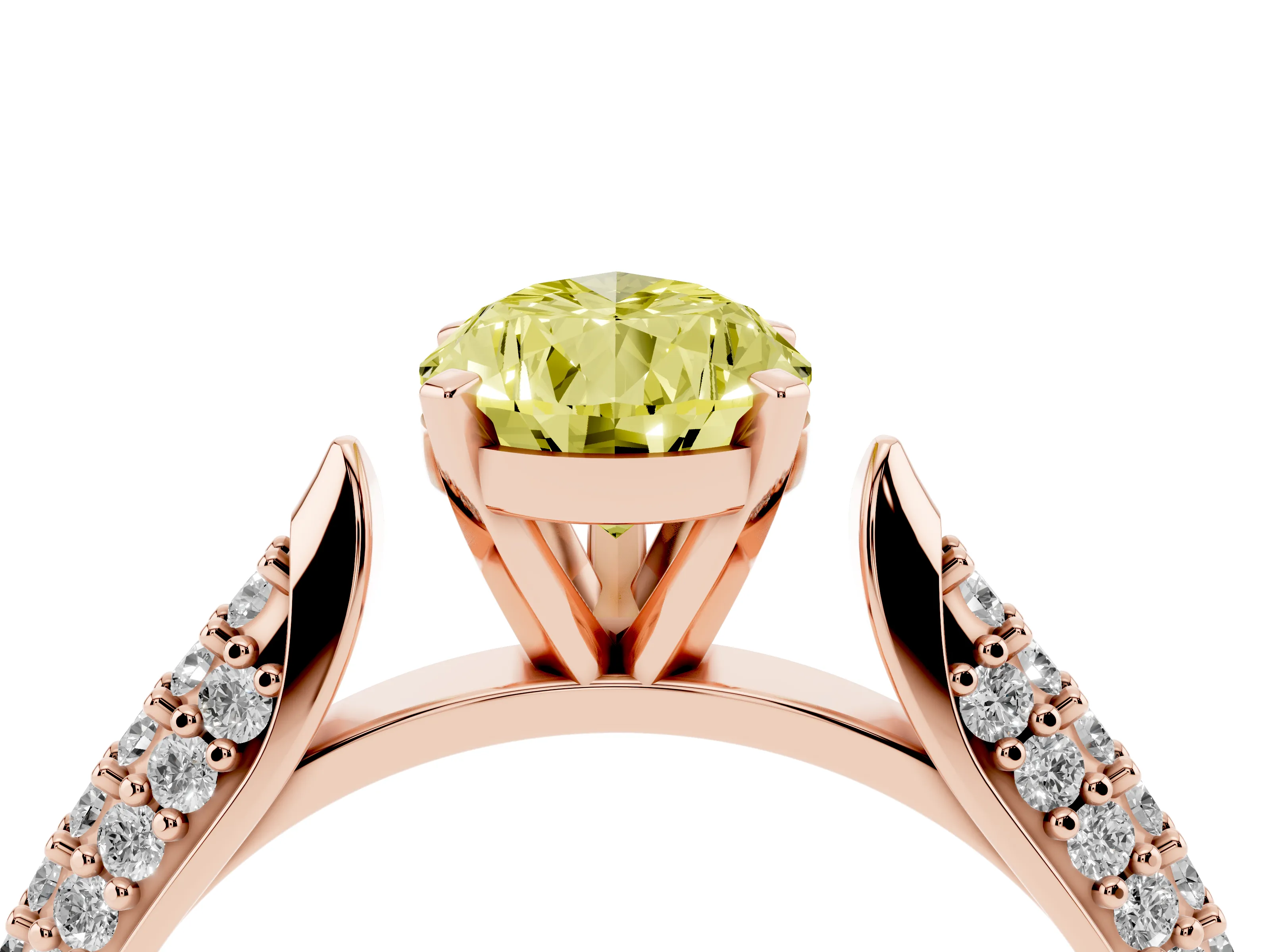 Fancy Yellow Pear Cut Diamond Solitaire Engagement Ring Set in Rose gold with Multi-Row Round Pavé Band and Prong Setting